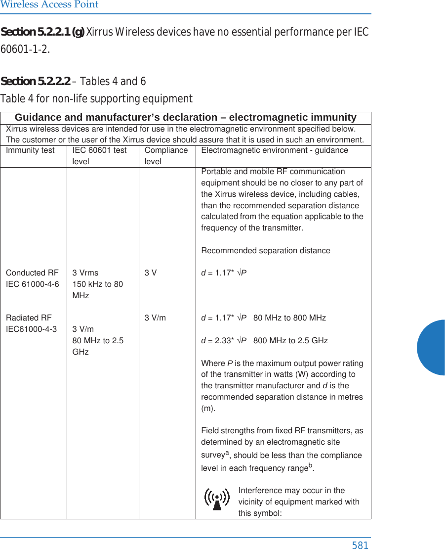 Wireless Access Point581Section5.2.2.1(g)XirrusWirelessdeviceshavenoessentialperformanceperIEC60601Ͳ1Ͳ2. Section5.2.2.2&ndash;Tables4and6Table4fornonͲlifesupportingequipmentGuidance and manufacturer&rsquo;s declaration &ndash; electromagnetic immunityXirrus wireless devices are intended for use in the electromagnetic environment specified below. The customer or the user of the Xirrus device should assure that it is used in such an environment.Immunity test IEC 60601 test levelCompliance levelElectromagnetic environment - guidanceConducted RFIEC 61000-4-6Radiated RFIEC61000-4-33 Vrms150 kHz to 80 MHz3 V/m80 MHz to 2.5 GHz3 V3 V/mPortable and mobile RF communication equipment should be no closer to any part of the Xirrus wireless device, including cables, than the recommended separation distance calculated from the equation applicable to the frequency of the transmitter.Recommended separation distanced = 1.17* &yen;Pd = 1.17* &yen;P   80 MHz to 800 MHzd = 2.33* &yen;P   800 MHz to 2.5 GHzWhere P is the maximum output power rating of the transmitter in watts (W) according to the transmitter manufacturer and d is the recommended separation distance in metres (m).Field strengths from fixed RF transmitters, as determined by an electromagnetic site surveya, should be less than the compliance level in each frequency rangeb.Interference may occur in the vicinity of equipment marked with this symbol: 