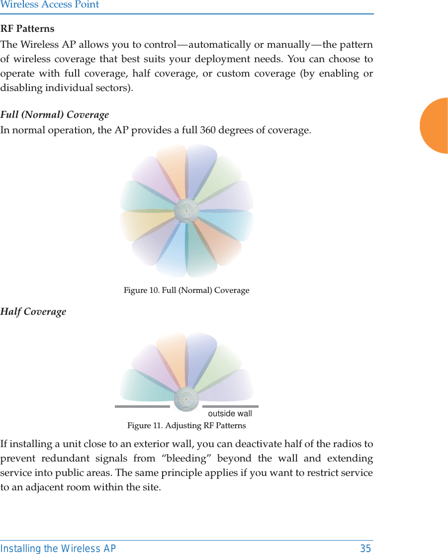 Wireless Access PointInstalling the Wireless AP 35RF PatternsThe Wireless AP allows you to control &mdash; automatically  or  manually &mdash; the  pattern of wireless coverage that best suits your deployment needs. You can choose to operate with full coverage, half coverage, or custom coverage (by enabling or disabling individual sectors).Full (Normal) CoverageIn normal operation, the AP provides a full 360 degrees of coverage.Figure 10. Full (Normal) CoverageHalf CoverageFigure 11. Adjusting RF PatternsIf installing a unit close to an exterior wall, you can deactivate half of the radios to prevent redundant signals from &ldquo;bleeding&rdquo; beyond the wall and extending service into public areas. The same principle applies if you want to restrict service to an adjacent room within the site.outside wall