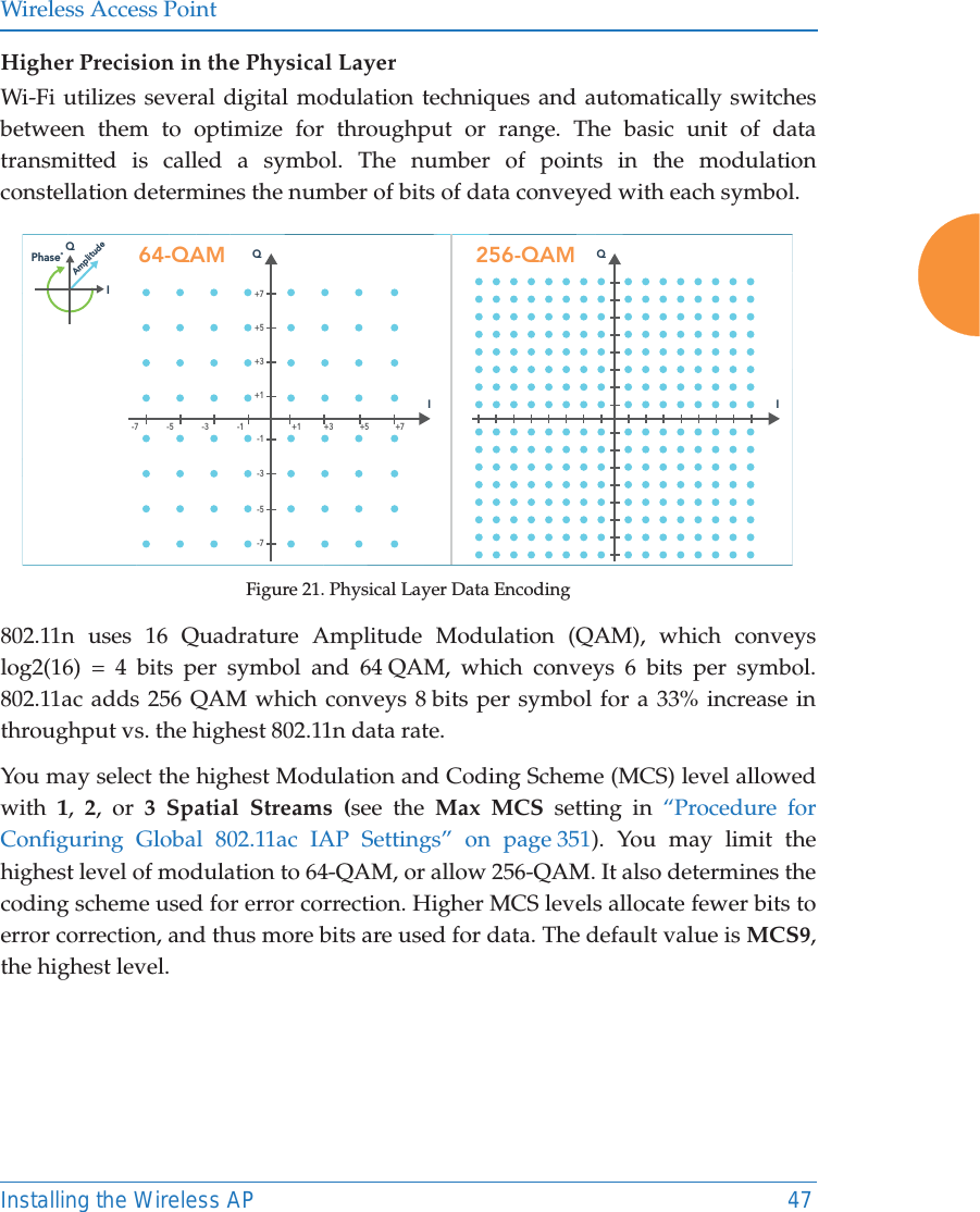 Wireless Access PointInstalling the Wireless AP 47Higher Precision in the Physical LayerWi-Fi utilizes several digital modulation techniques and automatically switches between them to optimize for throughput or range. The basic unit of data transmitted is called a symbol. The number of points in the modulation constellation determines the number of bits of data conveyed with each symbol. Figure 21. Physical Layer Data Encoding802.11n uses 16 Quadrature Amplitude Modulation (QAM), which conveys log2(16) = 4 bits per symbol and 64 QAM, which conveys 6 bits per symbol. 802.11ac adds 256 QAM which conveys 8 bits per symbol for a 33% increase in throughput vs. the highest 802.11n data rate.You may select the highest Modulation and Coding Scheme (MCS) level allowed with  1,  2, or 3 Spatial Streams (see the Max MCS setting in &ldquo;Procedure for Configuring Global 802.11ac IAP Settings&rdquo; on page 351). You may limit the highest level of modulation to 64-QAM, or allow 256-QAM. It also determines the coding scheme used for error correction. Higher MCS levels allocate fewer bits to error correction, and thus more bits are used for data. The default value is MCS9, the highest level. 256-QAMIQ64-QAMQ+1-1 +1 +3 +5 +7-3-5-7+3+5+7I-7-5-3-1IQPhase˚Amplitude