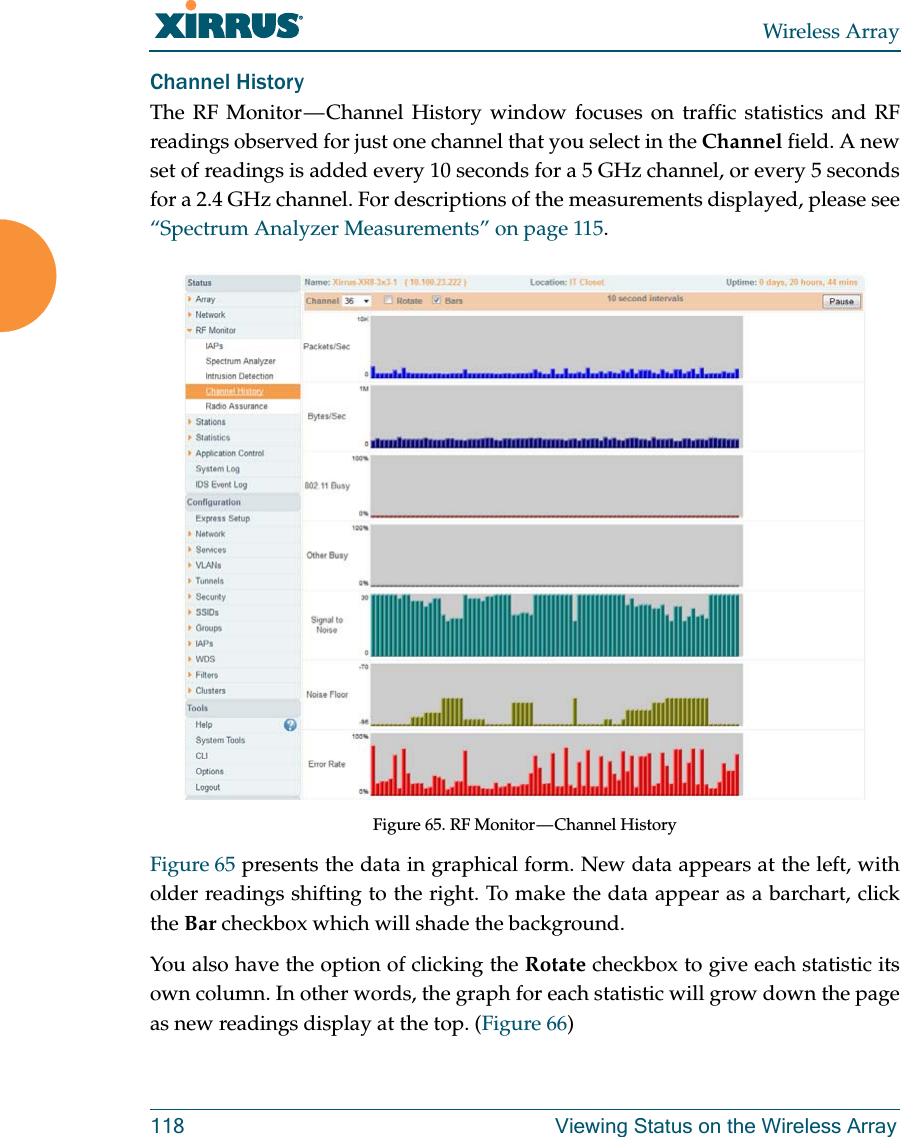 Wireless Array118 Viewing Status on the Wireless ArrayChannel HistoryThe RF Monitor &mdash; Channel History window focuses on traffic statistics and RF readings observed for just one channel that you select in the Channel field. A new set of readings is added every 10 seconds for a 5 GHz channel, or every 5 seconds for a 2.4 GHz channel. For descriptions of the measurements displayed, please see &ldquo;Spectrum Analyzer Measurements&rdquo; on page 115.Figure 65. RF Monitor &mdash; Channel HistoryFigure 65 presents the data in graphical form. New data appears at the left, with older readings shifting to the right. To make the data appear as a barchart, click the Bar checkbox which will shade the background. You also have the option of clicking the Rotate checkbox to give each statistic its own column. In other words, the graph for each statistic will grow down the page as new readings display at the top. (Figure 66)