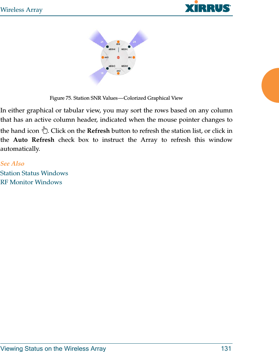 Wireless ArrayViewing Status on the Wireless Array 131Figure 75. Station SNR Values &mdash; Colorized Graphical ViewIn either graphical or tabular view, you may sort the rows based on any column that has an active column header, indicated when the mouse pointer changes to the hand icon  . Click on the Refresh button to refresh the station list, or click in the  Auto Refresh check box to instruct the Array to refresh this window automatically. See AlsoStation Status WindowsRF Monitor Windows
