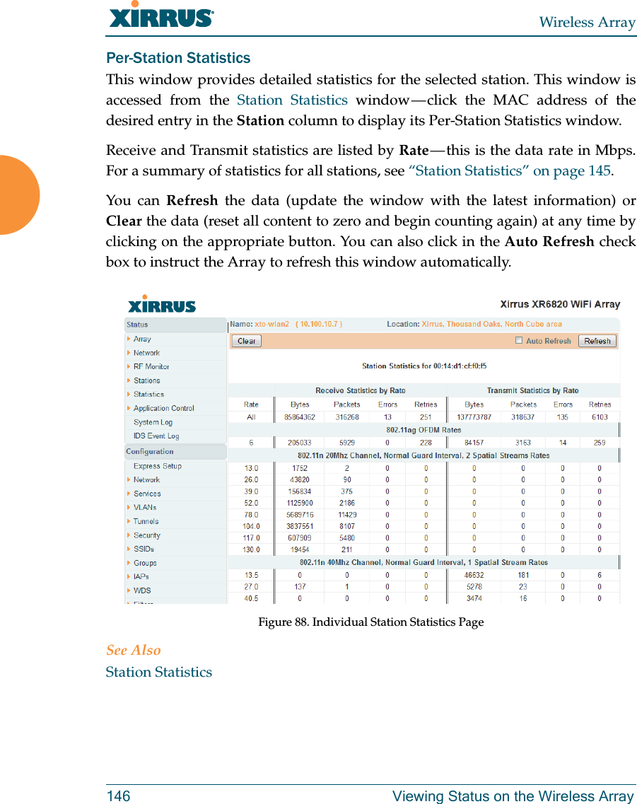 Wireless Array146 Viewing Status on the Wireless ArrayPer-Station Statistics This window provides detailed statistics for the selected station. This window is accessed from the Station Statistics window &mdash; click the MAC address of the desired entry in the Station column to display its Per-Station Statistics window. Receive and Transmit statistics are listed by Rate &mdash; this is the data rate in Mbps.For a summary of statistics for all stations, see &ldquo;Station Statistics&rdquo; on page 145. You can Refresh the data (update the window with the latest information) or Clear the data (reset all content to zero and begin counting again) at any time by clicking on the appropriate button. You can also click in the Auto Refresh check box to instruct the Array to refresh this window automatically. Figure 88. Individual Station Statistics PageSee AlsoStation Statistics