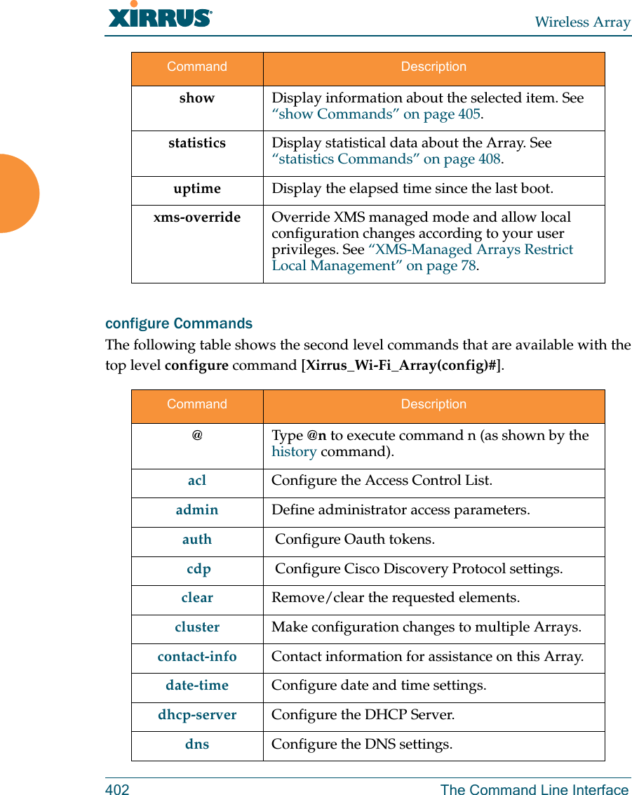 Wireless Array402 The Command Line Interfaceconfigure CommandsThe following table shows the second level commands that are available with the top level configure command [Xirrus_Wi-Fi_Array(config)#].show Display information about the selected item. See &ldquo;show Commands&rdquo; on page 405. statistics Display statistical data about the Array. See &ldquo;statistics Commands&rdquo; on page 408. uptime Display the elapsed time since the last boot.xms-override Override XMS managed mode and allow local configuration changes according to your user privileges. See &ldquo;XMS-Managed Arrays Restrict Local Management&rdquo; on page 78.Command Description@  Type @n to execute command n (as shown by the history command).acl Configure the Access Control List.admin Define administrator access parameters.auth   Configure Oauth tokens.  cdp   Configure Cisco Discovery Protocol settings. clear Remove/clear the requested elements.cluster Make configuration changes to multiple Arrays.contact-info Contact information for assistance on this Array.date-time Configure date and time settings.dhcp-server Configure the DHCP Server.dns Configure the DNS settings.Command Description