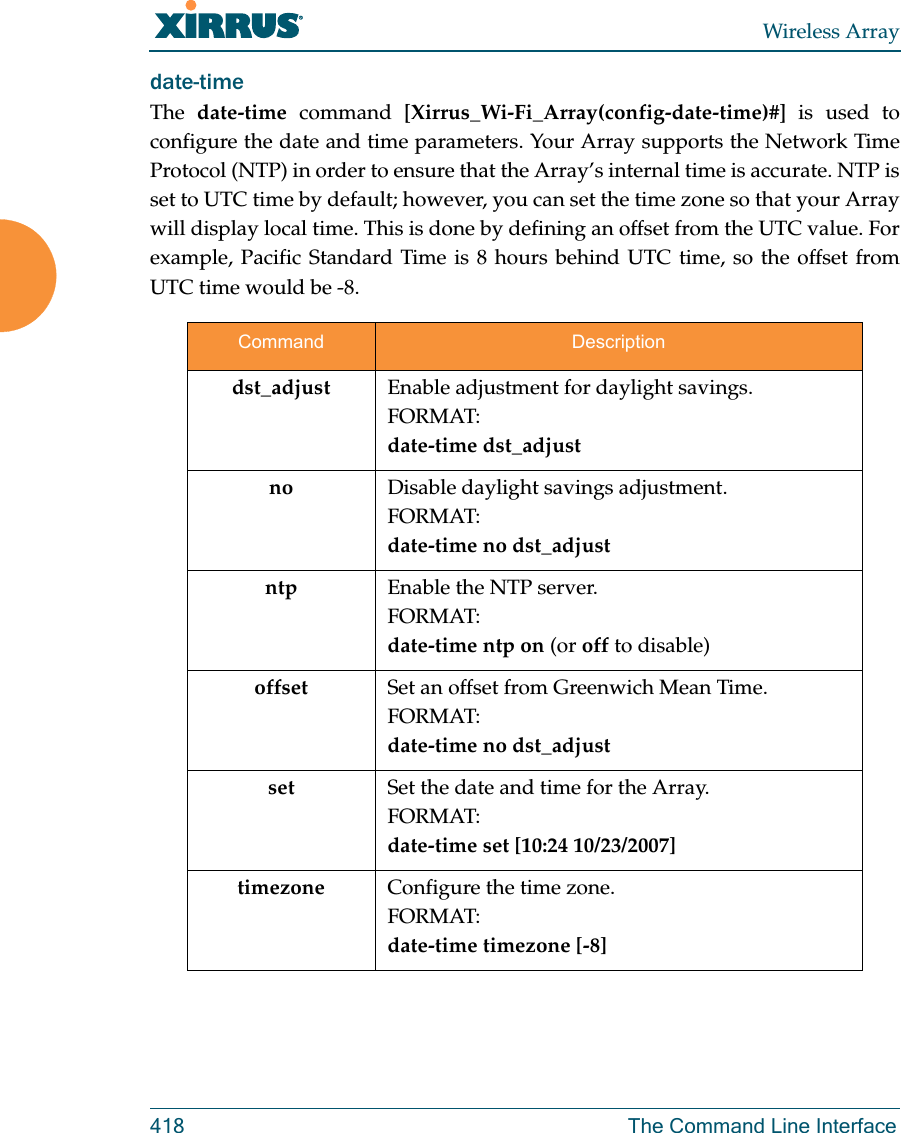 Wireless Array418 The Command Line Interfacedate-time The  date-time command [Xirrus_Wi-Fi_Array(config-date-time)#] is used to configure the date and time parameters. Your Array supports the Network Time Protocol (NTP) in order to ensure that the Array&rsquo;s internal time is accurate. NTP is set to UTC time by default; however, you can set the time zone so that your Array will display local time. This is done by defining an offset from the UTC value. For example, Pacific Standard Time is 8 hours behind UTC time, so the offset from UTC time would be -8.Command Descriptiondst_adjust Enable adjustment for daylight savings.FORMAT:date-time dst_adjustno Disable daylight savings adjustment.FORMAT:date-time no dst_adjustntp Enable the NTP server.FORMAT:date-time ntp on (or off to disable)offset Set an offset from Greenwich Mean Time.FORMAT:date-time no dst_adjustset Set the date and time for the Array.FORMAT:date-time set [10:24 10/23/2007]timezone Configure the time zone.FORMAT:date-time timezone [-8]