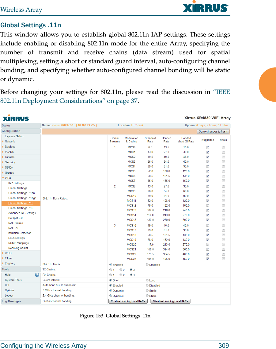 Wireless ArrayConfiguring the Wireless Array 309Global Settings .11nThis window allows you to establish global 802.11n IAP settings. These settings include enabling or disabling 802.11n mode for the entire Array, specifying the number of transmit and receive chains (data stream) used for spatial multiplexing, setting a short or standard guard interval, auto-configuring channel bonding, and specifying whether auto-configured channel bonding will be static or dynamic.Before changing your settings for 802.11n, please read the discussion in &ldquo;IEEE 802.11n Deployment Considerations&rdquo; on page 37. Figure 153. Global Settings .11n 