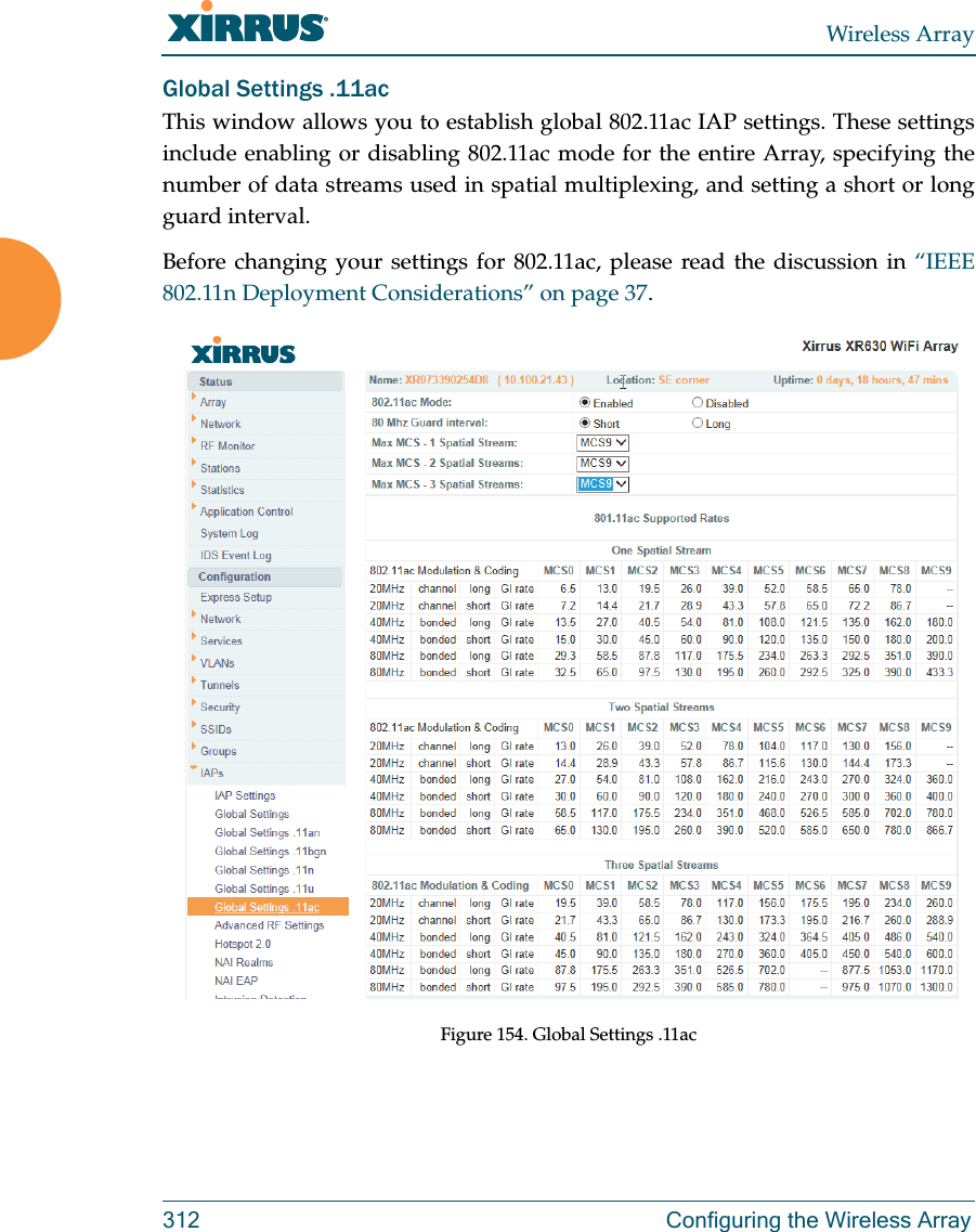 Wireless Array312 Configuring the Wireless ArrayGlobal Settings .11acThis window allows you to establish global 802.11ac IAP settings. These settings include enabling or disabling 802.11ac mode for the entire Array, specifying the number of data streams used in spatial multiplexing, and setting a short or long guard interval.Before changing your settings for 802.11ac, please read the discussion in &ldquo;IEEE 802.11n Deployment Considerations&rdquo; on page 37.Figure 154. Global Settings .11ac 