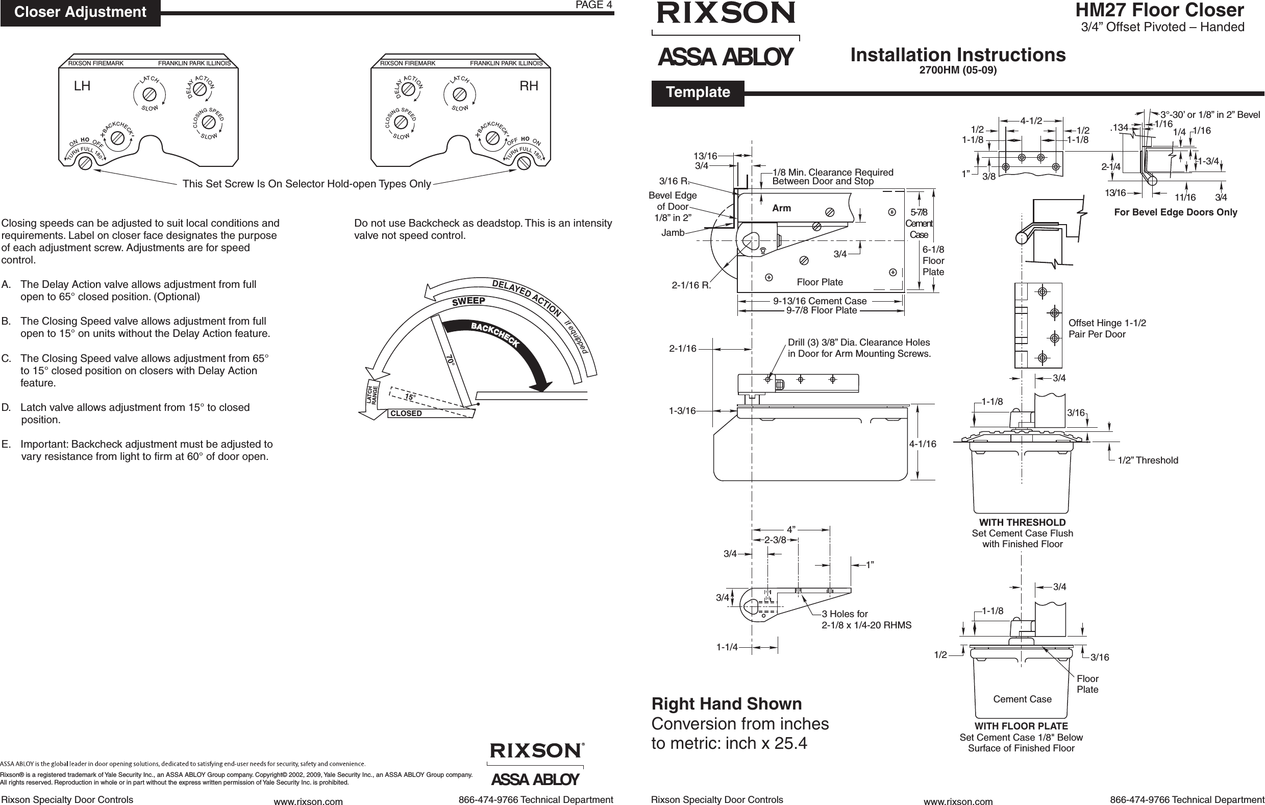 Page 1 of 2 - Rixson 2700HM (05-09) Floor Closer Installation Instructions