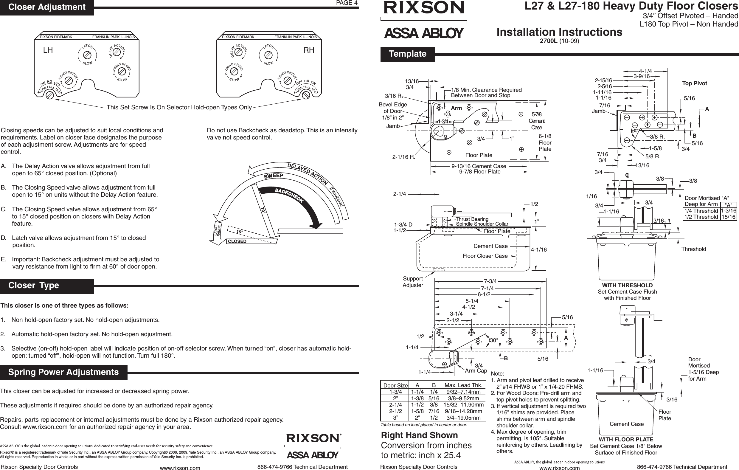 Page 1 of 2 - Rixson 2700L (10-09) Heavy Duty Floor Closers Installation Instructions