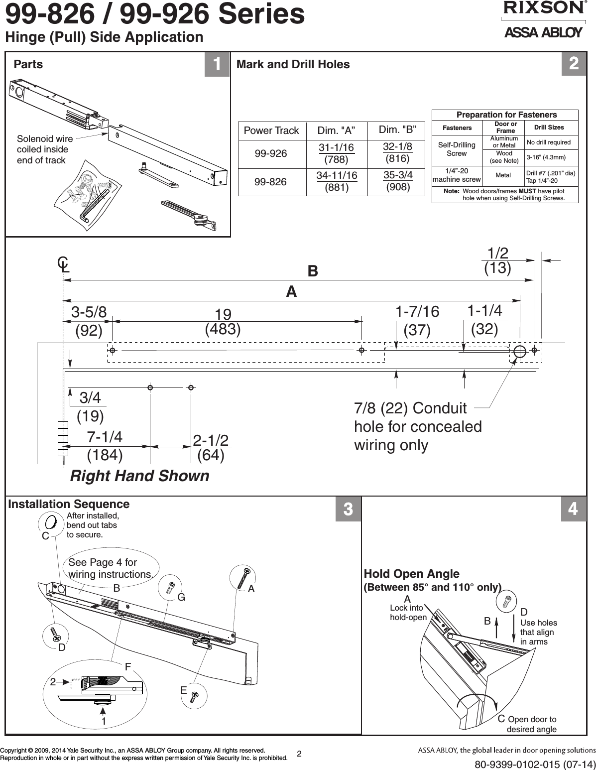 Page 2 of 4 - Rixson  Checkmate Series - S 99-826, 99-926, 99-626, 99-726 Installation Instructions 80-9399-0102-015