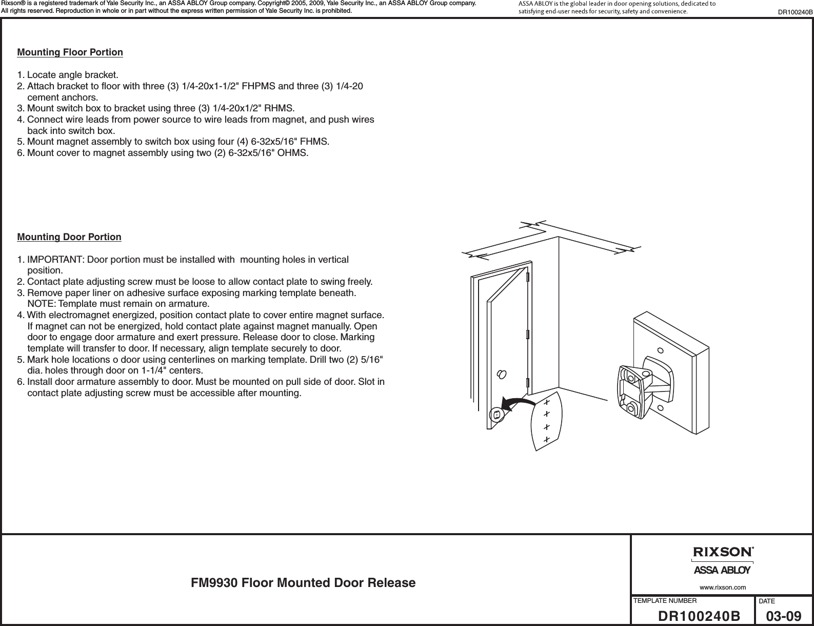 Rixson DR100240 FM9930 Floor Mounted Door Release