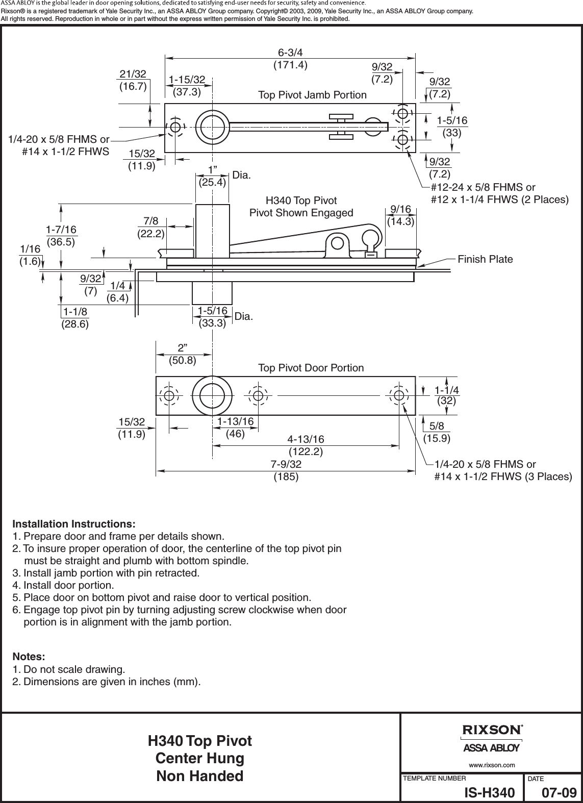 Page 1 of 1 - Rixson IS-H340 H340 Top Pivot Center Hung Non Handed