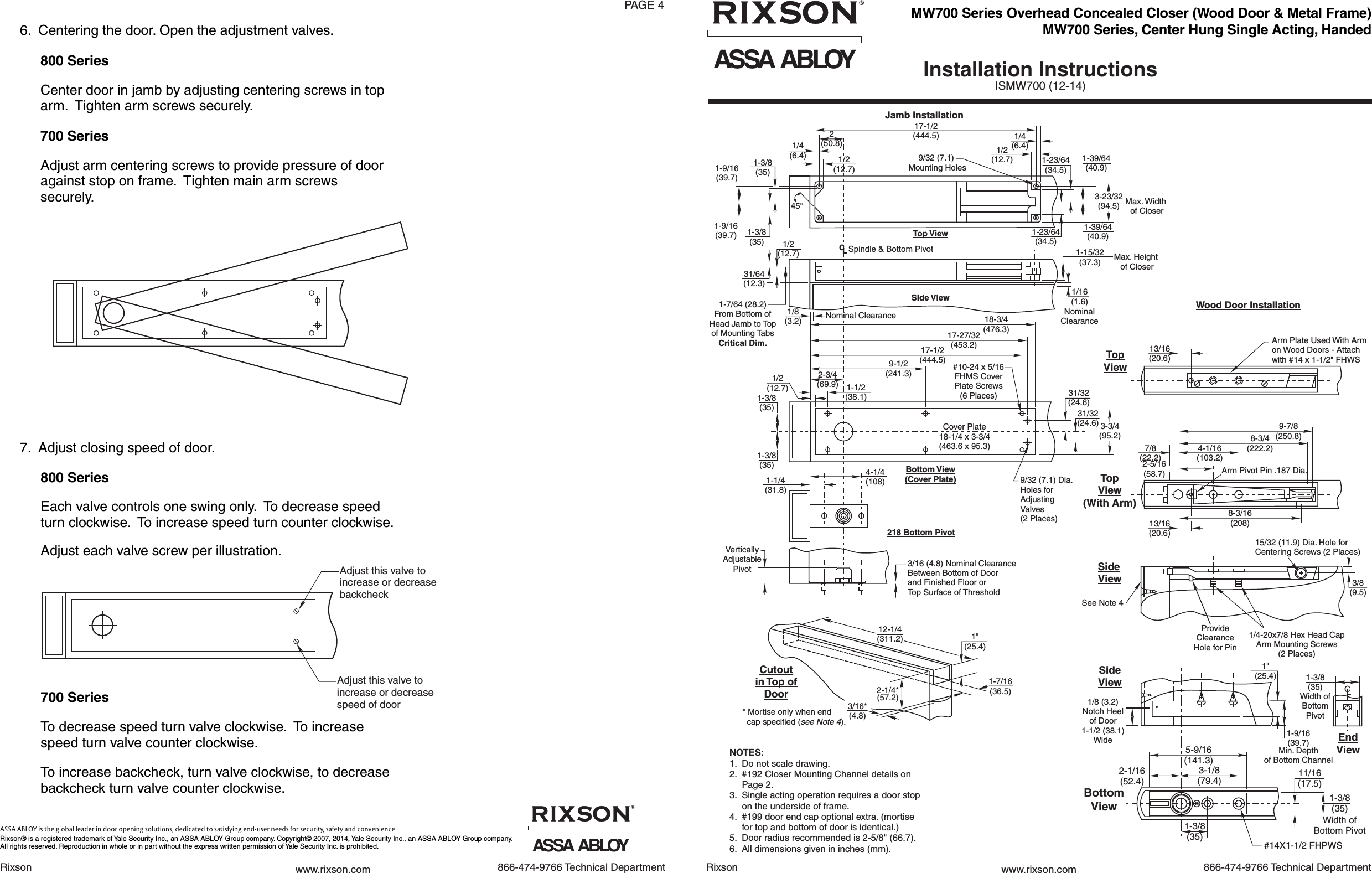 Page 1 of 2 - Rixson  MW700 Series Overhead Concealed Closer Installation Instructions IS-MW70012-14
