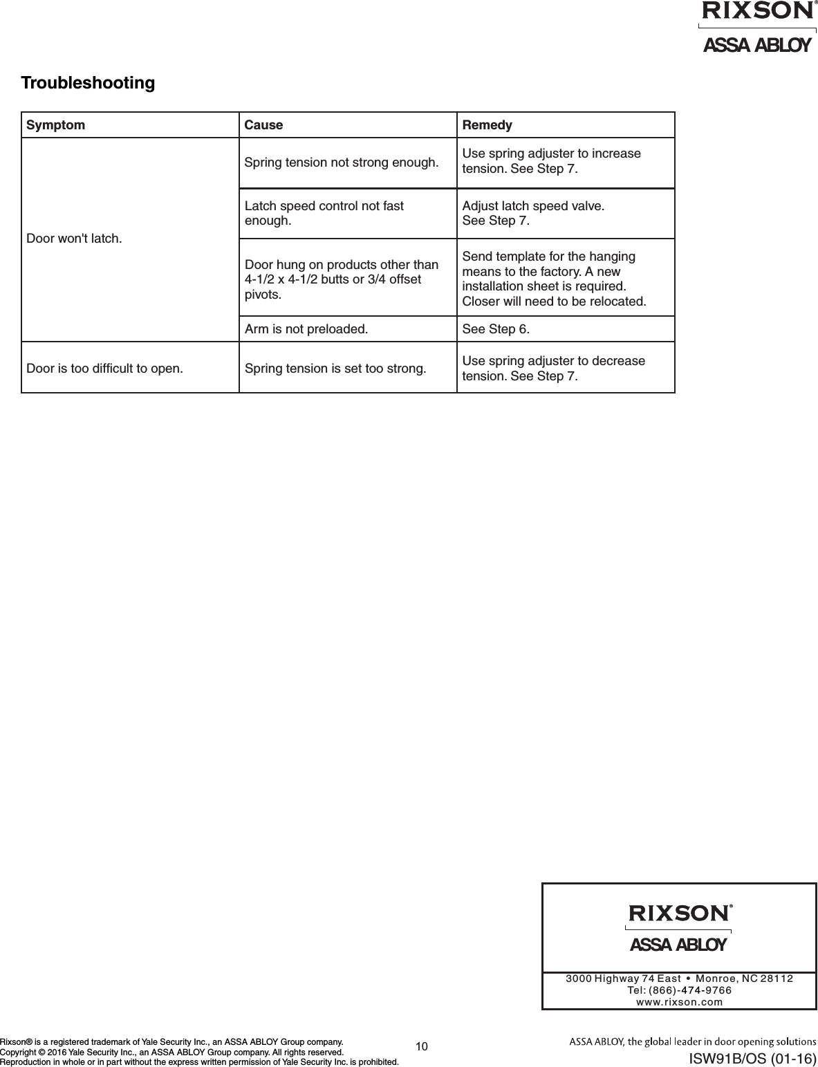 Page 10 of 10 - Rixson ISW91B_OS (01-16)  W91 Overhead Concealed Closers Wood Frame Installation Instructions ISW91B OS01-16