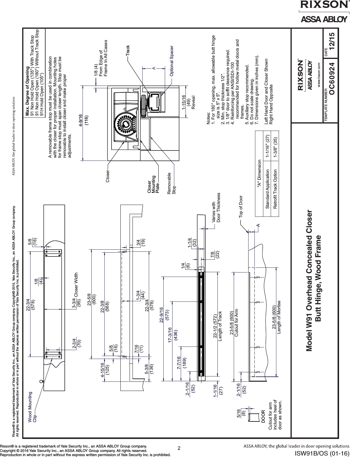 Page 2 of 10 - Rixson ISW91B_OS (01-16)  W91 Overhead Concealed Closers Wood Frame Installation Instructions ISW91B OS01-16