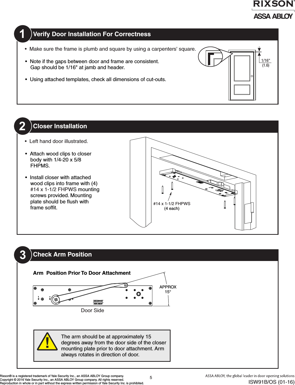 Page 5 of 10 - Rixson ISW91B_OS (01-16)  W91 Overhead Concealed Closers Wood Frame Installation Instructions ISW91B OS01-16