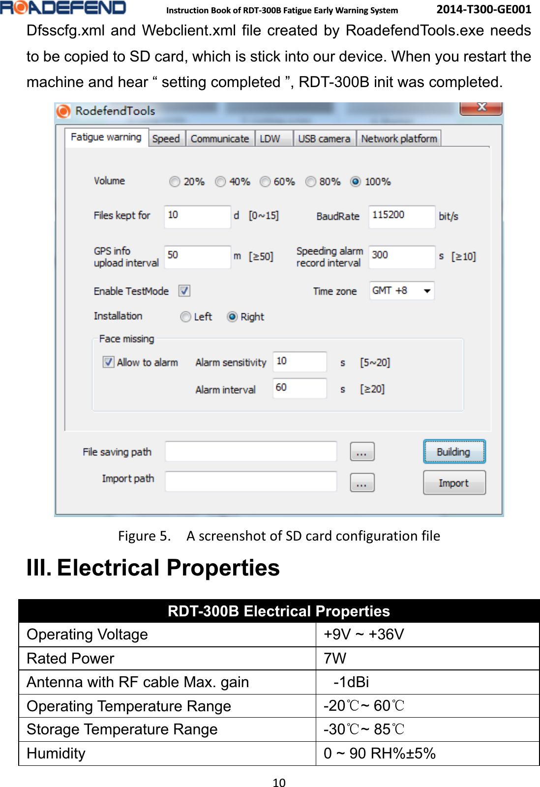  Instruction Book of RDT-300B Fatigue Early Warning System      2014-T300-GE001 10 Dfsscfg.xml and Webclient.xml file created by RoadefendTools.exe needs to be copied to SD card, which is stick into our device. When you restart the machine and hear &ldquo; setting completed &rdquo;, RDT-300B init was completed.  Figure 5.    A screenshot of SD card configuration file III. Electrical PropertiesRDT-300B Electrical PropertiesOperating Voltage +9V ~ +36VRated Power  7W Antenna with RF cable Max. gain   -1dBi Operating Temperature Range  -20ć~ 60ć Storage Temperature Range  -30ć~ 85ć Humidity  0 ~ 90 RH%&plusmn;5% 
