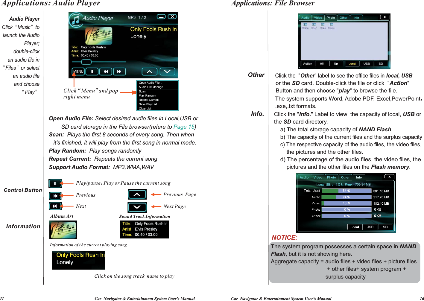 Car  Navigator &amp; Entertainment System User&apos;s Manual                                                                                 16             11                                                                                   Car  Navigator &amp; Entertainment System User&apos;s ManualAudio PlayerClick“Music”to launch the Audio Player; double-click an audio file in“Files”or select an audio file and choose “Play”Applications: Audio PlayerControl ButtonInformation  Scan:  Plays the first 8 seconds of every song. Then when    it&apos;s finished, it will play from the first song in normal mode.Play Random:  Play songs randomlyRepeat Current:  Repeats the current songSupport Audio Format:  MP3,WMA,WAV Information of t he current playing song Album ArtOpen Audio File: Select desired audio files in Local,USB or         SD card storage in the File browser(refere to  ) Page 15Click  Menu an dpo p  “”right menu   Play/pausePreNext vious     Click on the song：Play or Pause the current songSound Track  trackInformation name to playPreNext Page   vious  Page Applications: File Browser                                   surplus capacity                                    + other files+ system program + Aggregate capacity = audio files + video files + picture filesFlash, but it is not showing here.The system program possesses a certain space in NAND NOTICE:        pictures and the other files on the Flash memory.    d) The percentage of the audio files, the video files, the         the pictures and the other files.     c) The respective capacity of the audio files, the video files,    b) The capacity of the current files and the surplus capacity     a) The total storage capacity of NAND FlashClick the &quot;Info.&quot; Label to view  the capacity of local, USB or the SD card directory.Info.The system supports Word, Adobe PDF, Excel,PowerPoint，.exe,.txt formats. Button and then choose &quot;play&quot; to browse the file. or the SD card. Double-click the file or click  &quot;Action&quot;  Click the  &quot;Other&quot; label to see the office files   in local, USBOther
