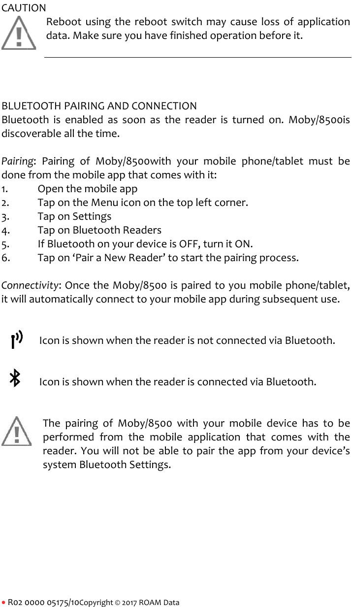 R020CAUTBLUETBluetodiscovPairindone1.2.3.4.5.6.Conneitwill000005175/10CTIONRebootdata.MTOOTHPAIRoothisenaverableallthg:PairingofromthemoOpentheTaponthTaponSeTaponBluIfBluetooTapon&lsquo;Paectivity:OncautomaticaIconisshIconisshThepairperformreader.YsystemBCopyright&copy;2017usingtherakesureyouRINGANDCbledassoohetime.ofMoby/85obileappthmobileappeMenuiconettingsuetoothReaothonyourdairaNewRecetheMobyllyconnecttownwhentownwhentringofMobedfromthYouwillnotBluetoothSeROAMDatarebootswitcuhavefinishONNECTIONonasthere00withyouatcomeswnonthetopadersdeviceisOFeader&rsquo;tostay/8500ispatoyourmobthereaderisthereaderisby/8500withemobileatbeabletoettings.chmaycaushedoperatioNeaderisturnurmobilepithit:leftcorner.F,turnitONartthepairiniredtoyoubileappdurisnotconnecsconnectedhyourmobpplicationtpairtheapselossofaonbeforeit.nedon.Mohone/tabletN.ngprocess.mobilephongsubsequectedviaBlueviaBluetoobiledevicehthatcomesppfromyoupplicationoby/8500istmustbeone/tablet,entuse.etooth.oth.hastobewiththeurdevice&rsquo;s
