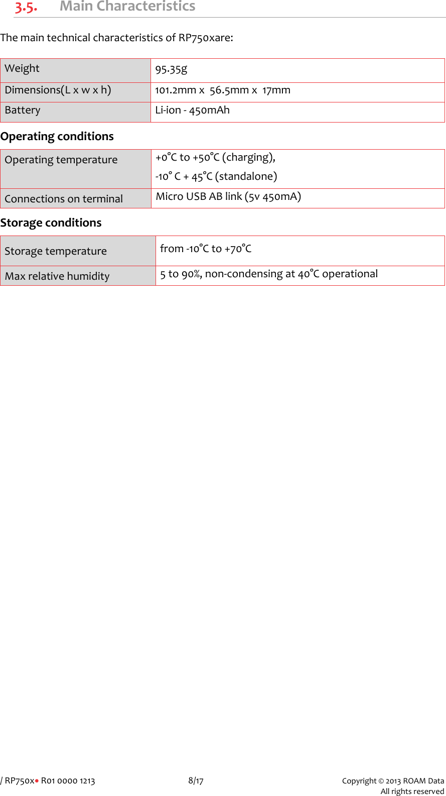 /RP750x&bull;R01000012138/17Copyright&copy;2013ROAMData Allrightsreserved3.5. MainCharacteristicsThemaintechnicalcharacteristicsofRP750xare:Weight95.35gDimensions(Lxwxh)101.2mmx56.5mmx17mmBatteryLi‐ion‐450mAhOperatingconditionsOperatingtemperature+0&deg;Cto+50&deg;C(charging),‐10&deg;C+45&deg;C(standalone)ConnectionsonterminalMicroUSBABlink(5v450mA)StorageconditionsStoragetemperaturefrom‐10&deg;Cto+70&deg;CMaxrelativehumidity5to90%,non‐condensingat40&deg;Coperational