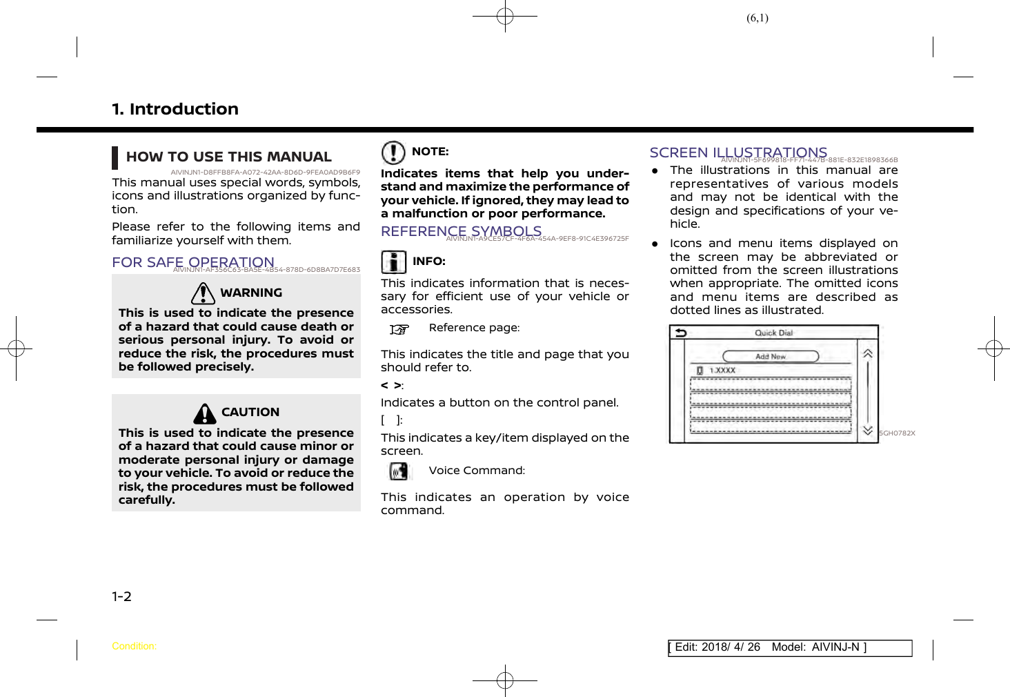 (6,1)[ Edit: 2018/ 4/ 26 Model: AIVINJ-N ]1. IntroductionHOW TO USE THIS MANUALAIVINJN1-D8FFB8FA-A072-42AA-8D6D-9FEA0AD9B6F9This manual uses special words, symbols,icons and illustrations organized by func-tion.Please refer to the following items andfamiliarize yourself with them.FOR SAFE OPERATIONAIVINJN1-AF356C63-BA5E-4B54-878D-6D8BA7D7E683WARNINGAIVINJN1-F375076F-362A-4309-A800-D1D6C6376A66This is used to indicate the presenceof a hazard that could cause death orserious personal injury. To avoid orreduce the risk, the procedures mustbe followed precisely.CAUTIONAIVINJN1-FFAF409C-10E2-45AA-BD7F-A8B0005F7083This is used to indicate the presenceof a hazard that could cause minor ormoderate personal injury or damageto your vehicle. To avoid or reduce therisk, the procedures must be followedcarefully.NOTE:Indicates items that help you under-stand and maximize the performance ofyour vehicle. If ignored, they may lead toa malfunction or poor performance.REFERENCE SYMBOLSAIVINJN1-A9CE57CF-4F6A-454A-9EF8-91C4E396725FINFO:This indicates information that is neces-sary for efficient use of your vehicle oraccessories.Reference page:This indicates the title and page that youshould refer to.&lt; &gt;:Indicates a button on the control panel.[ ]:This indicates a key/item displayed on thescreen.Voice Command:This indicates an operation by voicecommand.SCREEN ILLUSTRATIONSAIVINJN1-5F699818-FF71-447B-881E-832E1898366B.The illustrations in this manual arerepresentatives of various modelsand may not be identical with thedesign and specifications of your ve-hicle..Icons and menu items displayed onthe screen may be abbreviated oromitted from the screen illustrationswhen appropriate. The omitted iconsand menu items are described asdotted lines as illustrated.5GH0782XCondition:1-2