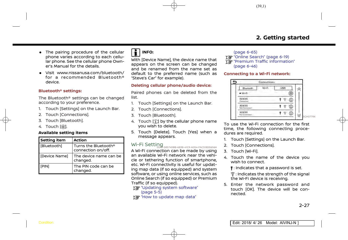 (39,1)[ Edit: 2018/ 4/ 26 Model: AIVINJ-N ].The pairing procedure of the cellularphone varies according to each cellu-lar phone. See the cellular phone Own-er’s Manual for the details..Visit www.nissanusa.com/bluetooth/for a recommended Bluetooth®device.Bluetooth® settings:The Bluetooth® settings can be changedaccording to your preference.1. Touch [Settings] on the Launch Bar.2. Touch [Connections].3. Touch [Bluetooth].4. Touch [ ].Available setting itemsSetting item Action[Bluetooth] Turns the Bluetooth®connection on/off.[Device Name] The device name can bechanged.[PIN] The PIN code can bechanged.INFO:With [Device Name], the device name thatappears on the screen can be changedand be renamed from the name set asdefault to the preferred name (such as“Steve’s Car” for example).Deleting cellular phone/audio device:Paired phones can be deleted from thelist.1. Touch [Settings] on the Launch Bar.2. Touch [Connections].3. Touch [Bluetooth].4. Touch [ ] by the cellular phone nameyou wish to delete.5. Touch [Delete]. Touch [Yes] when amessage appears.Wi-Fi SettingGUID-58574DBB-6838-41C9-A054-FAC518DD656AA Wi-Fi connection can be made by usingan available Wi-Fi network near the vehi-cle or tethering function of smartphone,etc. Wi-Fi connectivity is useful for updat-ing map data (if so equipped) and systemsoftware, or using online services, such asOnline Search (if so equipped) or PremiumTraffic (if so equipped).“Updating system software”(page 5-5)“How to update map data”(page 6-65)“Online Search” (page 6-19)“Premium Traffic information”(page 6-46)Connecting to a Wi-Fi network:5GH0779XTo use the Wi-Fi connection for the firsttime, the following connecting proce-dures are required.1. Touch [Settings] on the Launch Bar.2. Touch [Connections].3. Touch [Wi-Fi].4. Touch the name of the device youwish to connect.: Indicates that a password is set.: Indicates the strength of the signalthe Wi-Fi device is receiving.5. Enter the network password andtouch [OK]. The device will be con-nected.2. Getting startedCondition:2-27