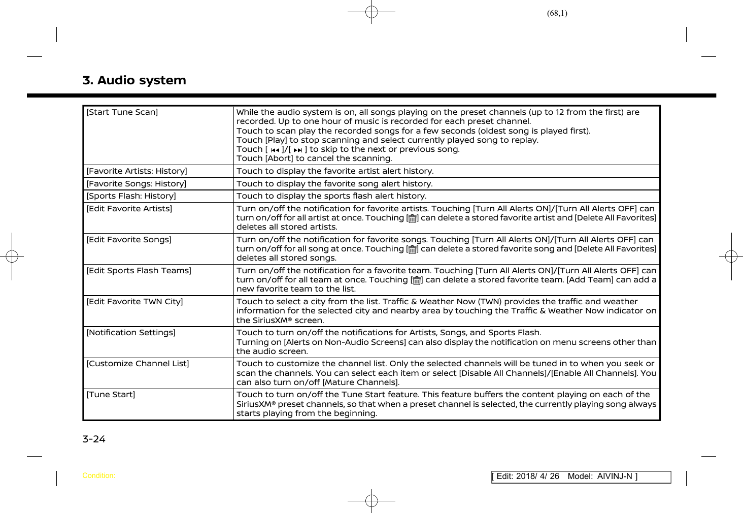 (68,1)[ Edit: 2018/ 4/ 26 Model: AIVINJ-N ]3. Audio system[Start Tune Scan] While the audio system is on, all songs playing on the preset channels (up to 12 from the first) arerecorded. Up to one hour of music is recorded for each preset channel.Touch to scan play the recorded songs for a few seconds (oldest song is played first).Touch [Play] to stop scanning and select currently played song to replay.Touch [ ]/[ ] to skip to the next or previous song.Touch [Abort] to cancel the scanning.[Favorite Artists: History] Touch to display the favorite artist alert history.[Favorite Songs: History] Touch to display the favorite song alert history.[Sports Flash: History] Touch to display the sports flash alert history.[Edit Favorite Artists] Turn on/off the notification for favorite artists. Touching [Turn All Alerts ON]/[Turn All Alerts OFF] canturn on/off for all artist at once. Touching [ ] can delete a stored favorite artist and [Delete All Favorites]deletes all stored artists.[Edit Favorite Songs] Turn on/off the notification for favorite songs. Touching [Turn All Alerts ON]/[Turn All Alerts OFF] canturn on/off for all song at once. Touching [ ] can delete a stored favorite song and [Delete All Favorites]deletes all stored songs.[Edit Sports Flash Teams] Turn on/off the notification for a favorite team. Touching [Turn All Alerts ON]/[Turn All Alerts OFF] canturn on/off for all team at once. Touching [ ] can delete a stored favorite team. [Add Team] can add anew favorite team to the list.[Edit Favorite TWN City] Touch to select a city from the list. Traffic &amp; Weather Now (TWN) provides the traffic and weatherinformation for the selected city and nearby area by touching the Traffic &amp; Weather Now indicator onthe SiriusXM® screen.[Notification Settings] Touch to turn on/off the notifications for Artists, Songs, and Sports Flash.Turning on [Alerts on Non-Audio Screens] can also display the notification on menu screens other thanthe audio screen.[Customize Channel List] Touch to customize the channel list. Only the selected channels will be tuned in to when you seek orscan the channels. You can select each item or select [Disable All Channels]/[Enable All Channels]. Youcan also turn on/off [Mature Channels].[Tune Start] Touch to turn on/off the Tune Start feature. This feature buffers the content playing on each of theSiriusXM® preset channels, so that when a preset channel is selected, the currently playing song alwaysstarts playing from the beginning.Condition:3-24