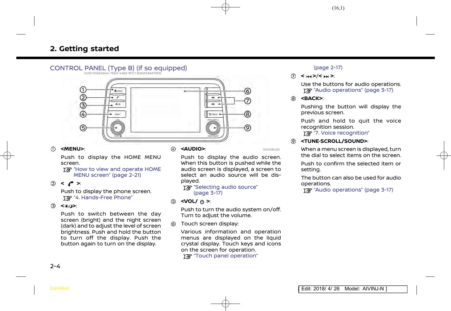 (16,1)[ Edit: 2018/ 4/ 26 Model: AIVINJ-N ]2. Getting startedCONTROL PANEL (Type B) (if so equipped)GUID-E55EA644-75E0-44B2-9FC1-B2AA33AA7EE85GH0842X&lt;MENU&gt;:Push to display the HOME MENUscreen.“How to view and operate HOMEMENU screen” (page 2-21)&lt; &gt;:Push to display the phone screen.“4. Hands-Free Phone”&lt; &gt;:Push to switch between the dayscreen (bright) and the night screen(dark) and to adjust the level of screenbrightness. Push and hold the buttonto turn off the display. Push thebutton again to turn on the display.&lt;AUDIO&gt;:Push to display the audio screen.When this button is pushed while theaudio screen is displayed, a screen toselect an audio source will be dis-played.“Selecting audio source”(page 3-17)&lt;VOL/ &gt;:Push to turn the audio system on/off.Turn to adjust the volume.Touch screen display:Various information and operationmenus are displayed on the liquidcrystal display. Touch keys and iconson the screen for operation.“Touch panel operation”(page 2-17)&lt; &gt;/&lt; &gt;:Use the buttons for audio operations.“Audio operations” (page 3-17)&lt;BACK&gt;:Pushing the button will display theprevious screen.Push and hold to quit the voicerecognition session.“7. Voice recognition”&lt;TUNE·SCROLL/SOUND&gt;:When a menu screen is displayed, turnthe dial to select items on the screen.Push to confirm the selected item orsetting.The button can also be used for audiooperations.“Audio operations” (page 3-17)Condition:2-4