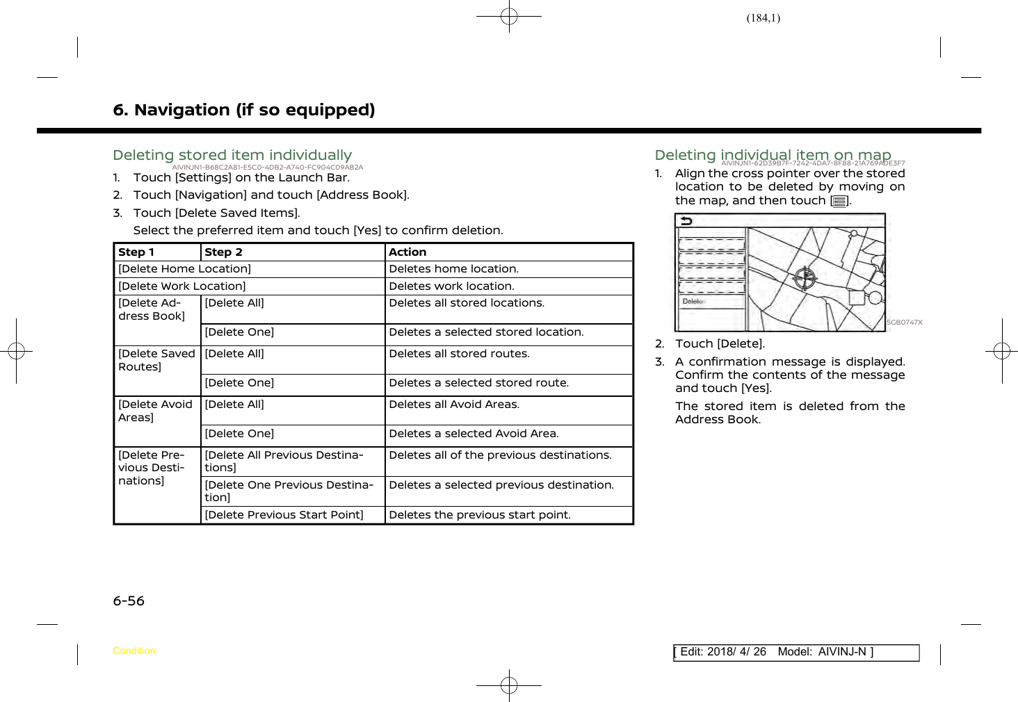 (184,1)[ Edit: 2018/ 4/ 26 Model: AIVINJ-N ]6. Navigation (if so equipped)Deleting stored item individuallyAIVINJN1-B68C2A81-E5C0-4DB2-A740-FC904C09AB2A1. Touch [Settings] on the Launch Bar.2. Touch [Navigation] and touch [Address Book].3. Touch [Delete Saved Items].Select the preferred item and touch [Yes] to confirm deletion.Step 1 Step 2 Action[Delete Home Location] Deletes home location.[Delete Work Location] Deletes work location.[Delete Ad-dress Book][Delete All] Deletes all stored locations.[Delete One] Deletes a selected stored location.[Delete SavedRoutes][Delete All] Deletes all stored routes.[Delete One] Deletes a selected stored route.[Delete AvoidAreas][Delete All] Deletes all Avoid Areas.[Delete One] Deletes a selected Avoid Area.[Delete Pre-vious Desti-nations][Delete All Previous Destina-tions]Deletes all of the previous destinations.[Delete One Previous Destina-tion]Deletes a selected previous destination.[Delete Previous Start Point] Deletes the previous start point.Deleting individual item on mapAIVINJN1-62D39B7F-7242-4DA7-8F88-21A769ADE3F71. Align the cross pointer over the storedlocation to be deleted by moving onthe map, and then touch [ ].5GB0747X2. Touch [Delete].3. A confirmation message is displayed.Confirm the contents of the messageand touch [Yes].The stored item is deleted from theAddress Book.Condition:6-56