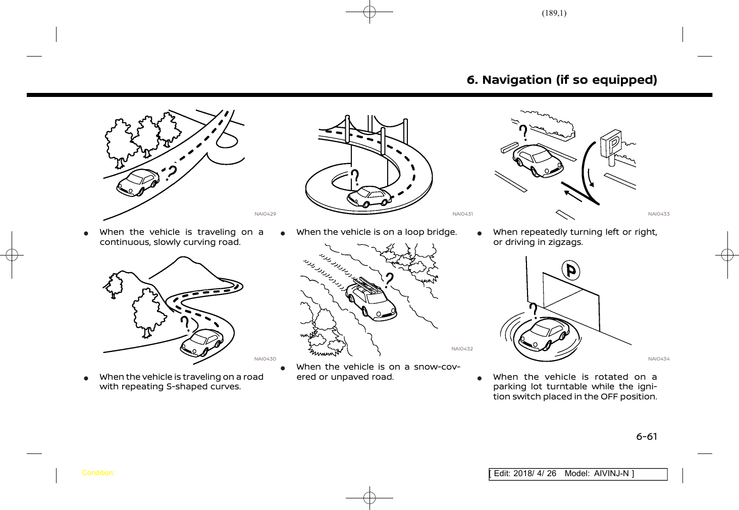 (189,1)[ Edit: 2018/ 4/ 26 Model: AIVINJ-N ]NAI0429*When the vehicle is traveling on acontinuous, slowly curving road.NAI0430*When the vehicle is traveling on a roadwith repeating S-shaped curves.NAI0431*When the vehicle is on a loop bridge.NAI0432*When the vehicle is on a snow-cov-ered or unpaved road.NAI0433*When repeatedly turning left or right,or driving in zigzags.NAI0434*When the vehicle is rotated on aparking lot turntable while the igni-tion switch placed in the OFF position.6. Navigation (if so equipped)Condition:6-61
