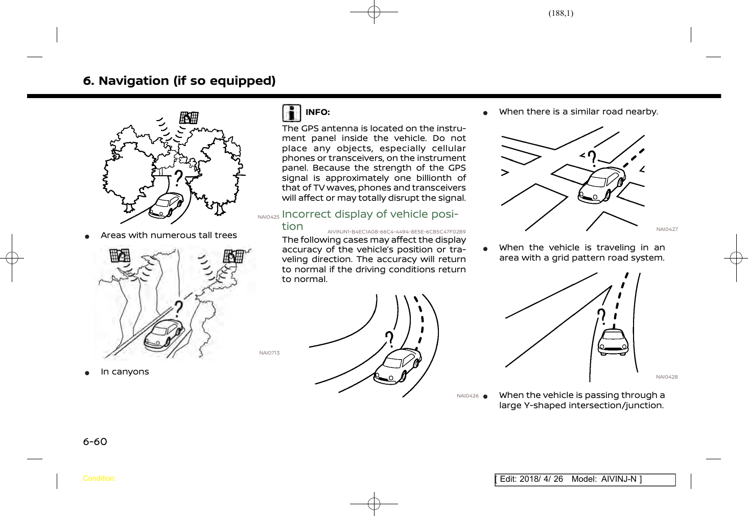 (188,1)[ Edit: 2018/ 4/ 26 Model: AIVINJ-N ]6. Navigation (if so equipped)NAI0425*Areas with numerous tall treesNAI0713*In canyonsINFO:The GPS antenna is located on the instru-ment panel inside the vehicle. Do notplace any objects, especially cellularphones or transceivers, on the instrumentpanel. Because the strength of the GPSsignal is approximately one billionth ofthat of TV waves, phones and transceiverswill affect or may totally disrupt the signal.Incorrect display of vehicle posi-tion AIVINJN1-B4EC1A08-66C4-4494-8E5E-6CB5C47F02B9The following cases may affect the displayaccuracy of the vehicle’s position or tra-veling direction. The accuracy will returnto normal if the driving conditions returnto normal.NAI0426*When there is a similar road nearby.NAI0427*When the vehicle is traveling in anarea with a grid pattern road system.NAI0428*When the vehicle is passing through alarge Y-shaped intersection/junction.Condition:6-60