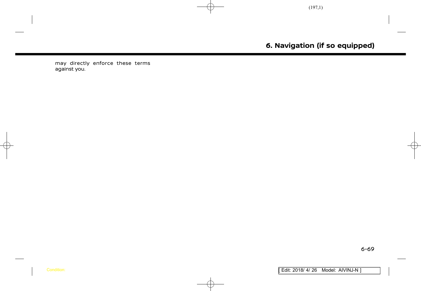 (197,1)[ Edit: 2018/ 4/ 26 Model: AIVINJ-N ]may directly enforce these termsagainst you.6. Navigation (if so equipped)Condition:6-69