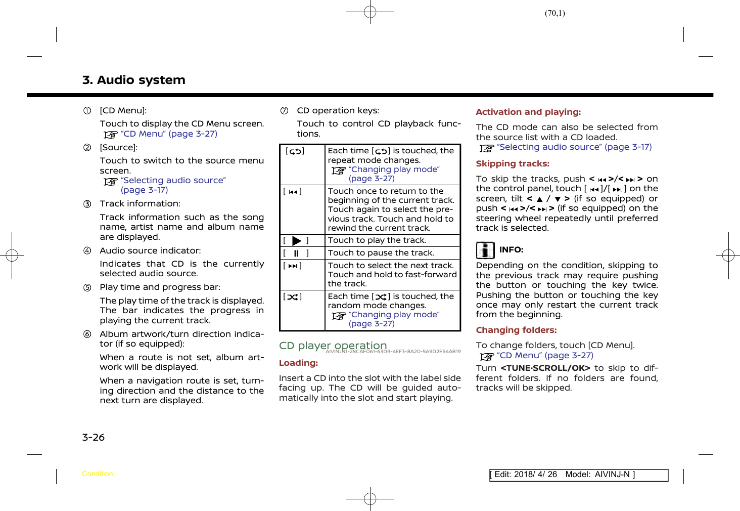 (70,1)[ Edit: 2018/ 4/ 26 Model: AIVINJ-N ]3. Audio system[CD Menu]:Touch to display the CD Menu screen.“CD Menu” (page 3-27)[Source]:Touch to switch to the source menuscreen.“Selecting audio source”(page 3-17)Track information:Track information such as the songname, artist name and album nameare displayed.Audio source indicator:Indicates that CD is the currentlyselected audio source.Play time and progress bar:The play time of the track is displayed.The bar indicates the progress inplaying the current track.Album artwork/turn direction indica-tor (if so equipped):When a route is not set, album art-work will be displayed.When a navigation route is set, turn-ing direction and the distance to thenext turn are displayed.CD operation keys:Touch to control CD playback func-tions.[ ] Each time [ ] is touched, therepeat mode changes.“Changing play mode”(page 3-27)[] Touch once to return to thebeginning of the current track.Touch again to select the pre-vious track. Touch and hold torewind the current track.[] Touch to play the track.[] Touch to pause the track.[] Touch to select the next track.Touch and hold to fast-forwardthe track.[] Each time [ ] is touched, therandom mode changes.“Changing play mode”(page 3-27)CD player operationAIVINJN1-28CAF061-63D9-4EF3-8A20-5A9D2E94AB19Loading:Insert a CD into the slot with the label sidefacing up. The CD will be guided auto-matically into the slot and start playing.Activation and playing:The CD mode can also be selected fromthe source list with a CD loaded.“Selecting audio source” (page 3-17)Skipping tracks:To skip the tracks, push &lt;&gt;/&lt; &gt; onthe control panel, touch [ ]/[ ] on thescreen, tilt &lt;/&gt;(if so equipped) orpush &lt;&gt;/&lt; &gt; (if so equipped) on thesteering wheel repeatedly until preferredtrack is selected.INFO:Depending on the condition, skipping tothe previous track may require pushingthe button or touching the key twice.Pushing the button or touching the keyonce may only restart the current trackfrom the beginning.Changing folders:To change folders, touch [CD Menu].“CD Menu” (page 3-27)Turn &lt;TUNE·SCROLL/OK&gt; to skip to dif-ferent folders. If no folders are found,tracks will be skipped.Condition:3-26