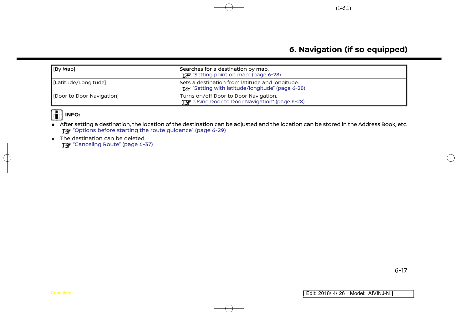 (145,1)[ Edit: 2018/ 4/ 26 Model: AIVINJ-N ][By Map] Searches for a destination by map.“Setting point on map” (page 6-28)[Latitude/Longitude] Sets a destination from latitude and longitude.“Setting with latitude/longitude” (page 6-28)[Door to Door Navigation] Turns on/off Door to Door Navigation.“Using Door to Door Navigation” (page 6-28)INFO:.After setting a destination, the location of the destination can be adjusted and the location can be stored in the Address Book, etc.“Options before starting the route guidance” (page 6-29).The destination can be deleted.“Canceling Route” (page 6-37)6. Navigation (if so equipped)Condition:6-17