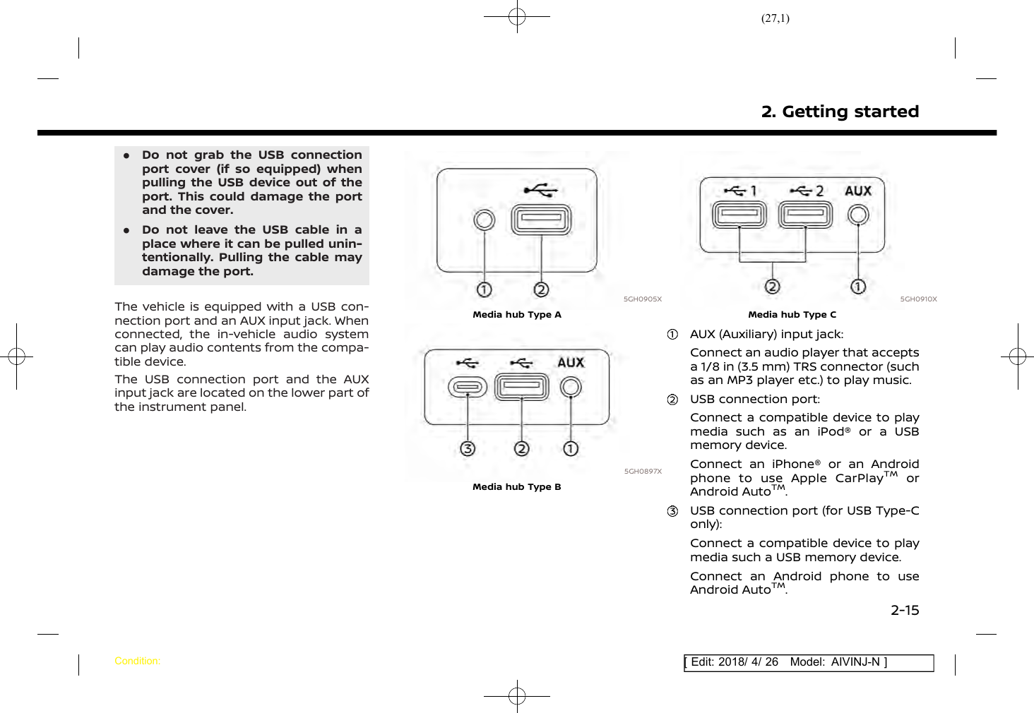 (27,1)[ Edit: 2018/ 4/ 26 Model: AIVINJ-N ].Do not grab the USB connectionport cover (if so equipped) whenpulling the USB device out of theport. This could damage the portand the cover..Do not leave the USB cable in aplace where it can be pulled unin-tentionally. Pulling the cable maydamage the port.The vehicle is equipped with a USB con-nection port and an AUX input jack. Whenconnected, the in-vehicle audio systemcan play audio contents from the compa-tible device.The USB connection port and the AUXinput jack are located on the lower part ofthe instrument panel.5GH0905XMedia hub Type A5GH0897XMedia hub Type B5GH0910XMedia hub Type CAUX (Auxiliary) input jack:Connect an audio player that acceptsa 1/8 in (3.5 mm) TRS connector (suchas an MP3 player etc.) to play music.USB connection port:Connect a compatible device to playmedia such as an iPod® or a USBmemory device.Connect an iPhone® or an Androidphone to use Apple CarPlayTMorAndroid AutoTM.USB connection port (for USB Type-Conly):Connect a compatible device to playmedia such a USB memory device.Connect an Android phone to useAndroid AutoTM.2. Getting startedCondition:2-15