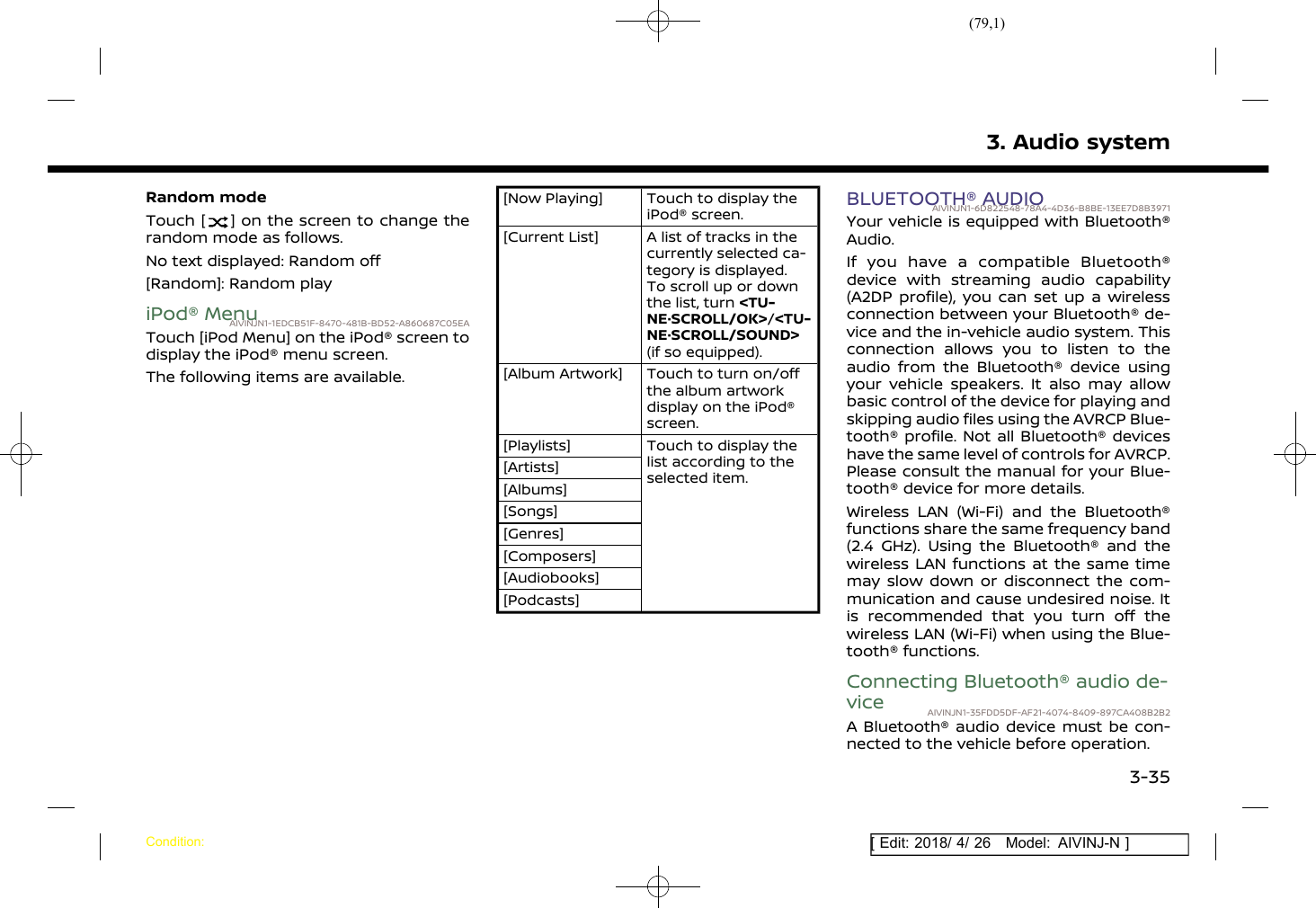 (79,1)[ Edit: 2018/ 4/ 26 Model: AIVINJ-N ]Random modeTouch [ ] on the screen to change therandom mode as follows.No text displayed: Random off[Random]: Random playiPod® MenuAIVINJN1-1EDCB51F-8470-481B-BD52-A860687C05EATouch [iPod Menu] on the iPod® screen todisplay the iPod® menu screen.The following items are available.[Now Playing] Touch to display theiPod® screen.[Current List] A list of tracks in thecurrently selected ca-tegory is displayed.To scroll up or downthe list, turn &lt;TU-NE·SCROLL/OK&gt;/&lt;TU-NE·SCROLL/SOUND&gt;(if so equipped).[Album Artwork] Touch to turn on/offthe album artworkdisplay on the iPod®screen.[Playlists] Touch to display thelist according to theselected item.[Artists][Albums][Songs][Genres][Composers][Audiobooks][Podcasts]BLUETOOTH® AUDIOAIVINJN1-6D822548-78A4-4D36-B8BE-13EE7D8B3971Your vehicle is equipped with Bluetooth®Audio.If you have a compatible Bluetooth®device with streaming audio capability(A2DP profile), you can set up a wirelessconnection between your Bluetooth® de-vice and the in-vehicle audio system. Thisconnection allows you to listen to theaudio from the Bluetooth® device usingyour vehicle speakers. It also may allowbasic control of the device for playing andskipping audio files using the AVRCP Blue-tooth® profile. Not all Bluetooth® deviceshave the same level of controls for AVRCP.Please consult the manual for your Blue-tooth® device for more details.Wireless LAN (Wi-Fi) and the Bluetooth®functions share the same frequency band(2.4 GHz). Using the Bluetooth® and thewireless LAN functions at the same timemay slow down or disconnect the com-munication and cause undesired noise. Itis recommended that you turn off thewireless LAN (Wi-Fi) when using the Blue-tooth® functions.Connecting Bluetooth® audio de-vice AIVINJN1-35FDD5DF-AF21-4074-8409-897CA408B2B2A Bluetooth® audio device must be con-nected to the vehicle before operation.3. Audio systemCondition:3-35