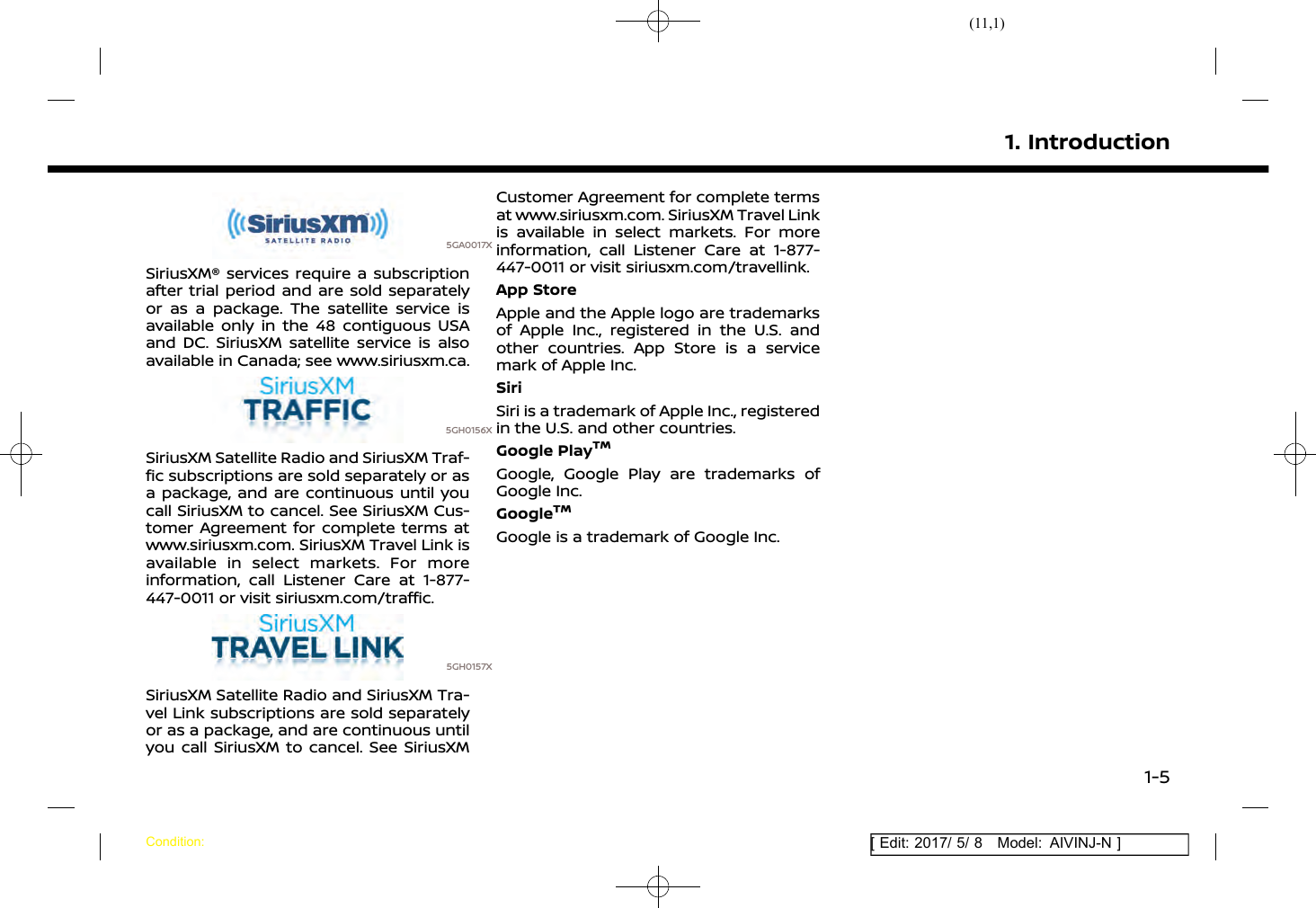 (11,1)[ Edit: 2017/ 5/ 8 Model: AIVINJ-N ]5GA0017XSiriusXM® services require a subscriptionafter trial period and are sold separatelyor as a package. The satellite service isavailable only in the 48 contiguous USAand DC. SiriusXM satellite service is alsoavailable in Canada; see www.siriusxm.ca.5GH0156XSiriusXM Satellite Radio and SiriusXM Traf-fic subscriptions are sold separately or asa package, and are continuous until youcall SiriusXM to cancel. See SiriusXM Cus-tomer Agreement for complete terms atwww.siriusxm.com. SiriusXM Travel Link isavailable in select markets. For moreinformation, call Listener Care at 1-877-447-0011 or visit siriusxm.com/traffic.5GH0157XSiriusXM Satellite Radio and SiriusXM Tra-vel Link subscriptions are sold separatelyor as a package, and are continuous untilyou call SiriusXM to cancel. See SiriusXMCustomer Agreement for complete termsat www.siriusxm.com. SiriusXM Travel Linkis available in select markets. For moreinformation, call Listener Care at 1-877-447-0011 or visit siriusxm.com/travellink.App StoreApple and the Apple logo are trademarksof Apple Inc., registered in the U.S. andother countries. App Store is a servicemark of Apple Inc.SiriSiri is a trademark of Apple Inc., registeredin the U.S. and other countries.Google PlayTMGoogle, Google Play are trademarks ofGoogle Inc.GoogleTMGoogle is a trademark of Google Inc.1. IntroductionCondition:1-5