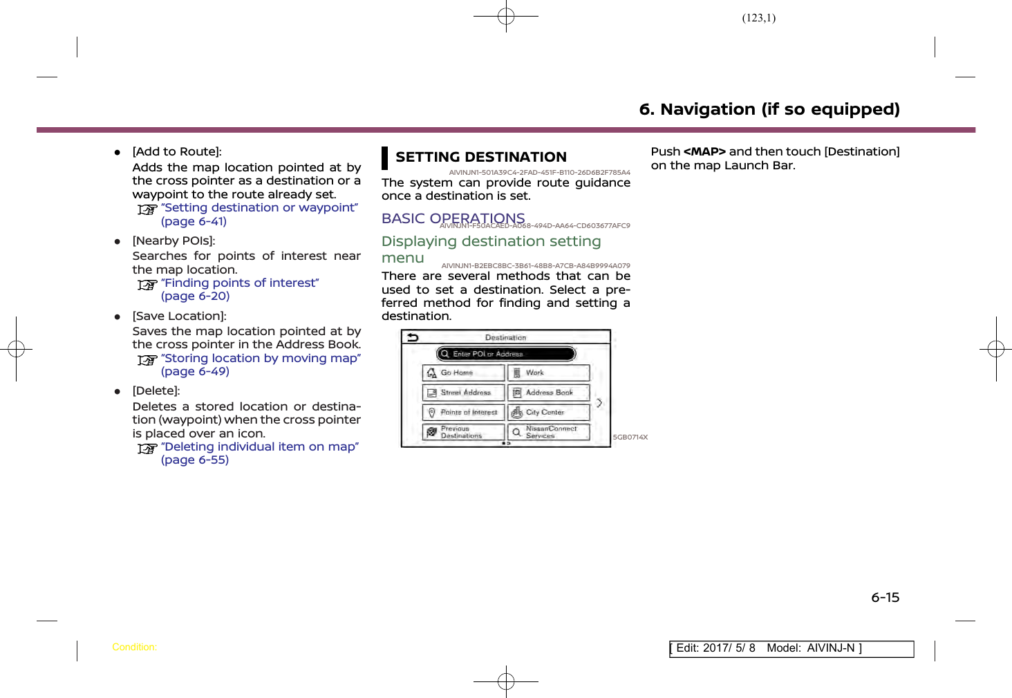 (123,1)[ Edit: 2017/ 5/ 8 Model: AIVINJ-N ].[Add to Route]:Adds the map location pointed at bythe cross pointer as a destination or awaypoint to the route already set.“Setting destination or waypoint”(page 6-41).[Nearby POIs]:Searches for points of interest nearthe map location.“Finding points of interest”(page 6-20).[Save Location]:Saves the map location pointed at bythe cross pointer in the Address Book.“Storing location by moving map”(page 6-49).[Delete]:Deletes a stored location or destina-tion (waypoint) when the cross pointeris placed over an icon.“Deleting individual item on map”(page 6-55)SETTING DESTINATIONAIVINJN1-501A39C4-2FAD-451F-B110-26D6B2F785A4The system can provide route guidanceonce a destination is set.BASIC OPERATIONSAIVINJN1-F50ACAED-A068-494D-AA64-CD603677AFC9Displaying destination settingmenu AIVINJN1-B2EBC8BC-3B61-48B8-A7CB-A84B9994A079There are several methods that can beused to set a destination. Select a pre-ferred method for finding and setting adestination.5GB0714XPush &lt;MAP&gt; and then touch [Destination]on the map Launch Bar.6. Navigation (if so equipped)Condition:6-15