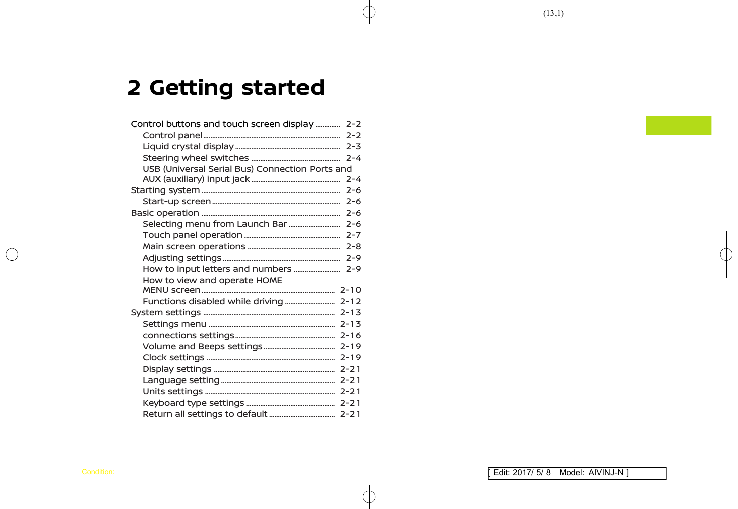 (13,1)[ Edit: 2017/ 5/ 8 Model: AIVINJ-N ]2 Getting startedControl buttons and touch screen display ................. 2-2Control panel ................................................................................ 2-2Liquid crystal display .............................................................. 2-3Steering wheel switches ..................................................... 2-4USB (Universal Serial Bus) Connection Ports andAUX (auxiliary) input jack ..................................................... 2-4Starting system ................................................................................. 2-6Start-up screen ........................................................................... 2-6Basic operation ................................................................................. 2-6Selecting menu from Launch Bar ................................ 2-6Touch panel operation ......................................................... 2-7Main screen operations ....................................................... 2-8Adjusting settings ..................................................................... 2-9How to input letters and numbers ............................. 2-9How to view and operate HOMEMENU screen .............................................................................. 2-10Functions disabled while driving ............................... 2-12System settings ............................................................................. 2-13Settings menu .......................................................................... 2-13connections settings ........................................................... 2-16Volume and Beeps settings ........................................... 2-19Clock settings ........................................................................... 2-19Display settings ....................................................................... 2-21Language setting ................................................................... 2-21Units settings ............................................................................ 2-21Keyboard type settings ..................................................... 2-21Return all settings to default ........................................ 2-21Condition: