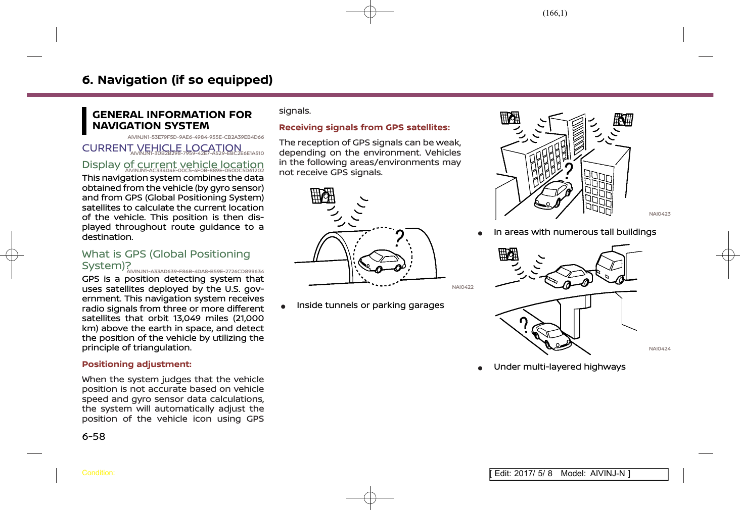 (166,1)[ Edit: 2017/ 5/ 8 Model: AIVINJ-N ]6. Navigation (if so equipped)GENERAL INFORMATION FORNAVIGATION SYSTEMAIVINJN1-53E79F5D-9AE6-4984-955E-CB2A39EB4D66CURRENT VEHICLE LOCATIONAIVINJN1-3DB2B298-7959-42E7-A529-EBC2E6E1A510Display of current vehicle locationAIVINJN1-AC334D4E-00C5-4F0B-889E-D50DC5D61202This navigation system combines the dataobtained from the vehicle (by gyro sensor)and from GPS (Global Positioning System)satellites to calculate the current locationof the vehicle. This position is then dis-played throughout route guidance to adestination.What is GPS (Global PositioningSystem)?AIVINJN1-A33AD639-F86B-4DA8-B59E-2726CD899634GPS is a position detecting system thatuses satellites deployed by the U.S. gov-ernment. This navigation system receivesradio signals from three or more differentsatellites that orbit 13,049 miles (21,000km) above the earth in space, and detectthe position of the vehicle by utilizing theprinciple of triangulation.Positioning adjustment:When the system judges that the vehicleposition is not accurate based on vehiclespeed and gyro sensor data calculations,the system will automatically adjust theposition of the vehicle icon using GPSsignals.Receiving signals from GPS satellites:The reception of GPS signals can be weak,depending on the environment. Vehiclesin the following areas/environments maynot receive GPS signals.NAI0422*Inside tunnels or parking garagesNAI0423*In areas with numerous tall buildingsNAI0424*Under multi-layered highwaysCondition:6-58