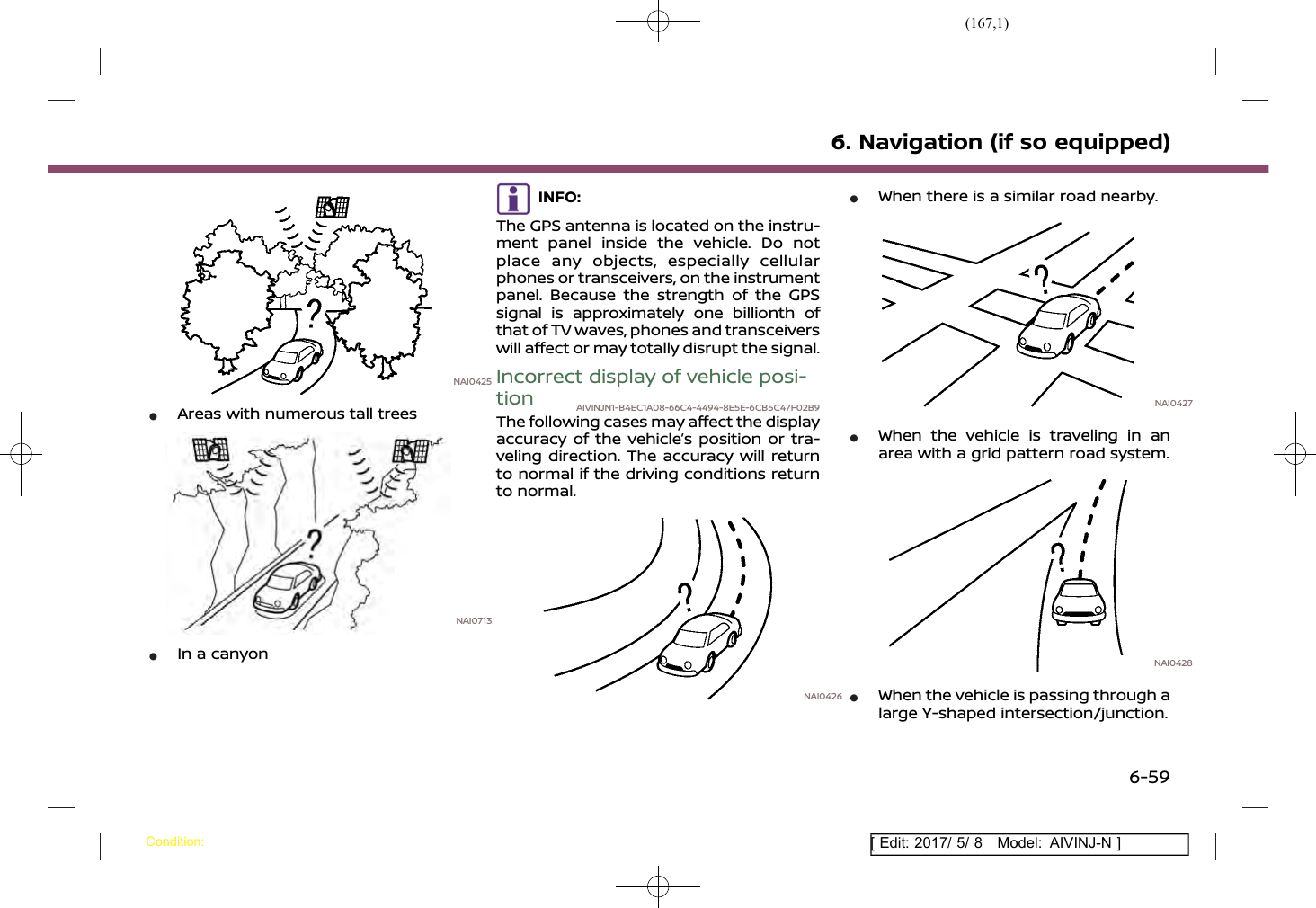 (167,1)[ Edit: 2017/ 5/ 8 Model: AIVINJ-N ]NAI0425*Areas with numerous tall treesNAI0713*In a canyonINFO:The GPS antenna is located on the instru-ment panel inside the vehicle. Do notplace any objects, especially cellularphones or transceivers, on the instrumentpanel. Because the strength of the GPSsignal is approximately one billionth ofthat of TV waves, phones and transceiverswill affect or may totally disrupt the signal.Incorrect display of vehicle posi-tion AIVINJN1-B4EC1A08-66C4-4494-8E5E-6CB5C47F02B9The following cases may affect the displayaccuracy of the vehicle’s position or tra-veling direction. The accuracy will returnto normal if the driving conditions returnto normal.NAI0426*When there is a similar road nearby.NAI0427*When the vehicle is traveling in anarea with a grid pattern road system.NAI0428*When the vehicle is passing through alarge Y-shaped intersection/junction.6. Navigation (if so equipped)Condition:6-59