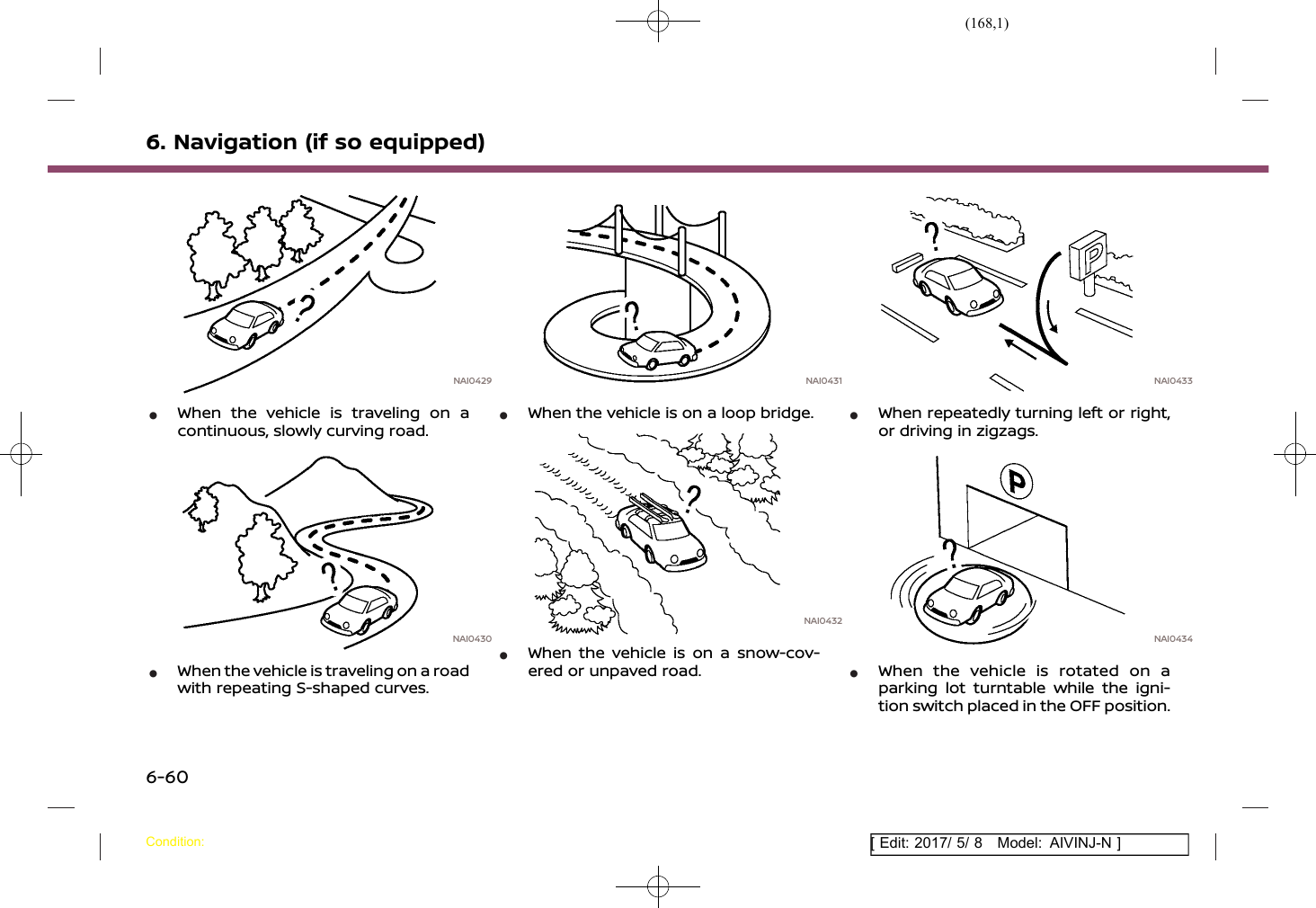 (168,1)[ Edit: 2017/ 5/ 8 Model: AIVINJ-N ]6. Navigation (if so equipped)NAI0429*When the vehicle is traveling on acontinuous, slowly curving road.NAI0430*When the vehicle is traveling on a roadwith repeating S-shaped curves.NAI0431*When the vehicle is on a loop bridge.NAI0432*When the vehicle is on a snow-cov-ered or unpaved road.NAI0433*When repeatedly turning left or right,or driving in zigzags.NAI0434*When the vehicle is rotated on aparking lot turntable while the igni-tion switch placed in the OFF position.Condition:6-60