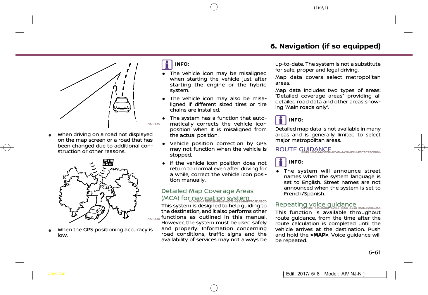 (169,1)[ Edit: 2017/ 5/ 8 Model: AIVINJ-N ]NAI0435*When driving on a road not displayedon the map screen or a road that hasbeen changed due to additional con-struction or other reasons.NAI0436*When the GPS positioning accuracy islow.INFO:.The vehicle icon may be misalignedwhen starting the vehicle just afterstarting the engine or the hybridsystem..The vehicle icon may also be misa-ligned if different sized tires or tirechains are installed..The system has a function that auto-matically corrects the vehicle iconposition when it is misaligned fromthe actual position..Vehicle position correction by GPSmay not function when the vehicle isstopped..If the vehicle icon position does notreturn to normal even after driving fora while, correct the vehicle icon posi-tion manually.Detailed Map Coverage Areas(MCA) for navigation systemAIVINJN1-A7515219-FB6B-4303-A8B1-B6FF7C9DABCDThis system is designed to help guiding tothe destination, and it also performs otherfunctions as outlined in this manual.However, the system must be used safelyand properly. Information concerningroad conditions, traffic signs and theavailability of services may not always beup-to-date. The system is not a substitutefor safe, proper and legal driving.Map data covers select metropolitanareas.Map data includes two types of areas:“Detailed coverage areas” providing alldetailed road data and other areas show-ing “Main roads only”.INFO:Detailed map data is not available in manyareas and is generally limited to selectmajor metropolitan areas.ROUTE GUIDANCEAIVINJN1-D4460D59-8C4D-4A28-8361-F3C3C250F896INFO:.The system will announce streetnames when the system language isset to English. Street names are notannounced when the system is set toFrench/Spanish.Repeating voice guidanceAIVINJN1-43C350DF-CAB4-4E5D-8440-651D34A03D54This function is available throughoutroute guidance, from the time after theroute calculation is completed until thevehicle arrives at the destination. Pushand hold the &lt;MAP&gt;. Voice guidance willbe repeated.6. Navigation (if so equipped)Condition:6-61