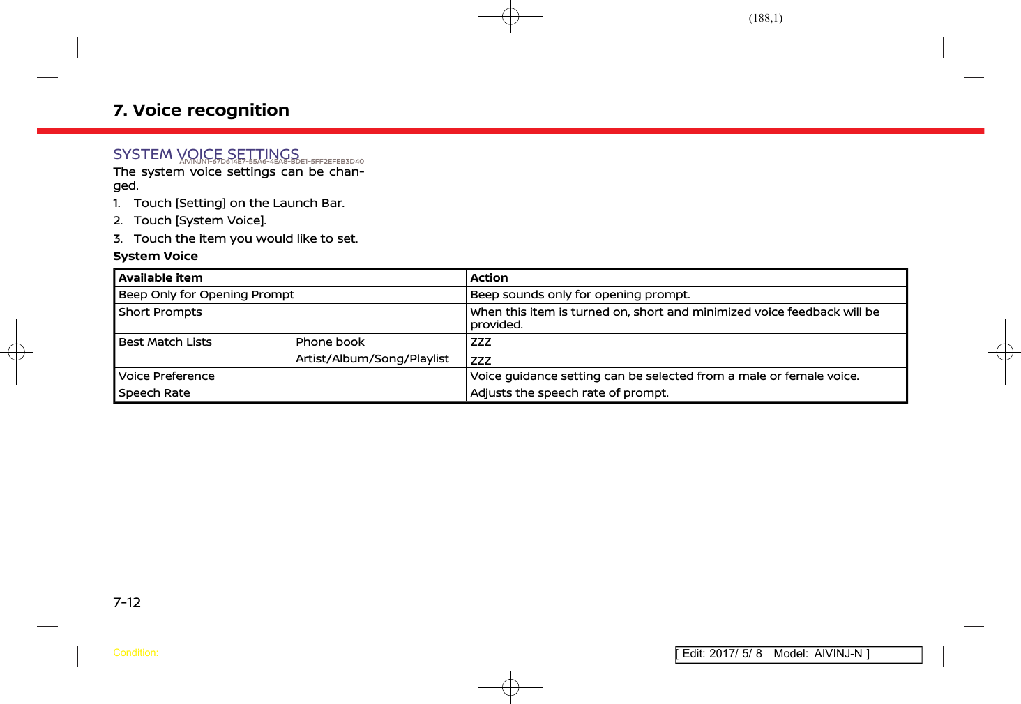 (188,1)[ Edit: 2017/ 5/ 8 Model: AIVINJ-N ]7. Voice recognitionSYSTEM VOICE SETTINGSAIVINJN1-67D614E7-55A6-4EA8-BDE1-5FF2EFEB3D40The system voice settings can be chan-ged.1. Touch [Setting] on the Launch Bar.2. Touch [System Voice].3. Touch the item you would like to set.System VoiceAvailable item ActionBeep Only for Opening Prompt Beep sounds only for opening prompt.Short Prompts When this item is turned on, short and minimized voice feedback will beprovided.Best Match Lists Phone book ZZZArtist/Album/Song/Playlist ZZZVoice Preference Voice guidance setting can be selected from a male or female voice.Speech Rate Adjusts the speech rate of prompt.Condition:7-12