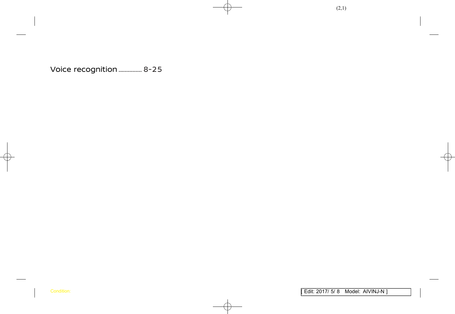 (2,1)[ Edit: 2017/ 5/ 8 Model: AIVINJ-N ]Voice recognition .................. 8-25Condition: