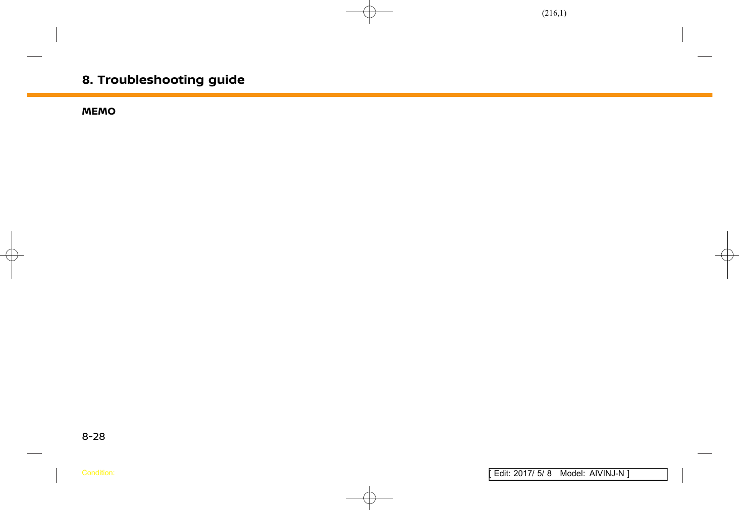 (216,1)[ Edit: 2017/ 5/ 8 Model: AIVINJ-N ]8. Troubleshooting guideMEMOCondition:8-28