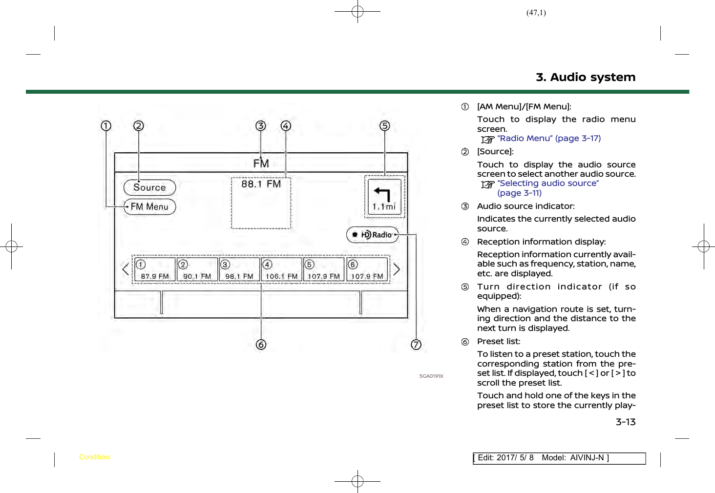 (47,1)[ Edit: 2017/ 5/ 8 Model: AIVINJ-N ]5GA0191X[AM Menu]/[FM Menu]:Touch to display the radio menuscreen.“Radio Menu” (page 3-17)[Source]:Touch to display the audio sourcescreen to select another audio source.“Selecting audio source”(page 3-11)Audio source indicator:Indicates the currently selected audiosource.Reception information display:Reception information currently avail-able such as frequency, station, name,etc. are displayed.Turn direction indicator (if soequipped):When a navigation route is set, turn-ing direction and the distance to thenext turn is displayed.Preset list:To listen to a preset station, touch thecorresponding station from the pre-set list. If displayed, touch [ &lt; ] or [ &gt; ] toscroll the preset list.Touch and hold one of the keys in thepreset list to store the currently play-3. Audio systemCondition:3-13