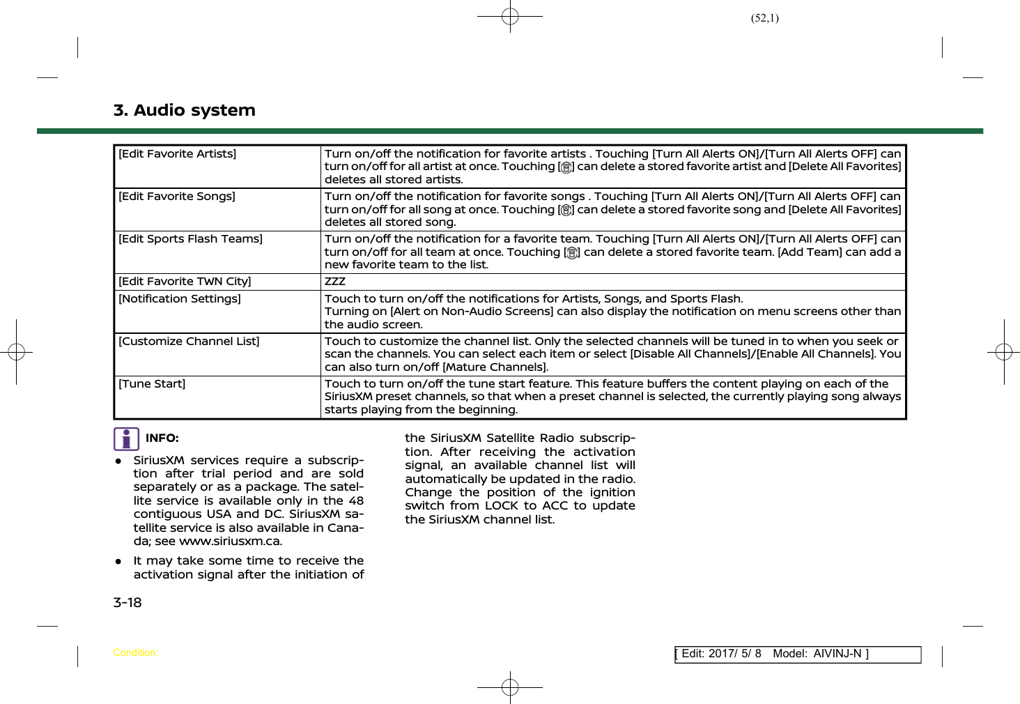 (52,1)[ Edit: 2017/ 5/ 8 Model: AIVINJ-N ]3. Audio system[Edit Favorite Artists] Turn on/off the notification for favorite artists . Touching [Turn All Alerts ON]/[Turn All Alerts OFF] canturn on/off for all artist at once. Touching [ ] can delete a stored favorite artist and [Delete All Favorites]deletes all stored artists.[Edit Favorite Songs] Turn on/off the notification for favorite songs . Touching [Turn All Alerts ON]/[Turn All Alerts OFF] canturn on/off for all song at once. Touching [ ] can delete a stored favorite song and [Delete All Favorites]deletes all stored song.[Edit Sports Flash Teams] Turn on/off the notification for a favorite team. Touching [Turn All Alerts ON]/[Turn All Alerts OFF] canturn on/off for all team at once. Touching [ ] can delete a stored favorite team. [Add Team] can add anew favorite team to the list.[Edit Favorite TWN City] ZZZ[Notification Settings] Touch to turn on/off the notifications for Artists, Songs, and Sports Flash.Turning on [Alert on Non-Audio Screens] can also display the notification on menu screens other thanthe audio screen.[Customize Channel List] Touch to customize the channel list. Only the selected channels will be tuned in to when you seek orscan the channels. You can select each item or select [Disable All Channels]/[Enable All Channels]. Youcan also turn on/off [Mature Channels].[Tune Start] Touch to turn on/off the tune start feature. This feature buffers the content playing on each of theSiriusXM preset channels, so that when a preset channel is selected, the currently playing song alwaysstarts playing from the beginning.INFO:.SiriusXM services require a subscrip-tion after trial period and are soldseparately or as a package. The satel-lite service is available only in the 48contiguous USA and DC. SiriusXM sa-tellite service is also available in Cana-da; see www.siriusxm.ca..It may take some time to receive theactivation signal after the initiation ofthe SiriusXM Satellite Radio subscrip-tion. After receiving the activationsignal, an available channel list willautomatically be updated in the radio.Change the position of the ignitionswitch from LOCK to ACC to updatethe SiriusXM channel list.Condition:3-18