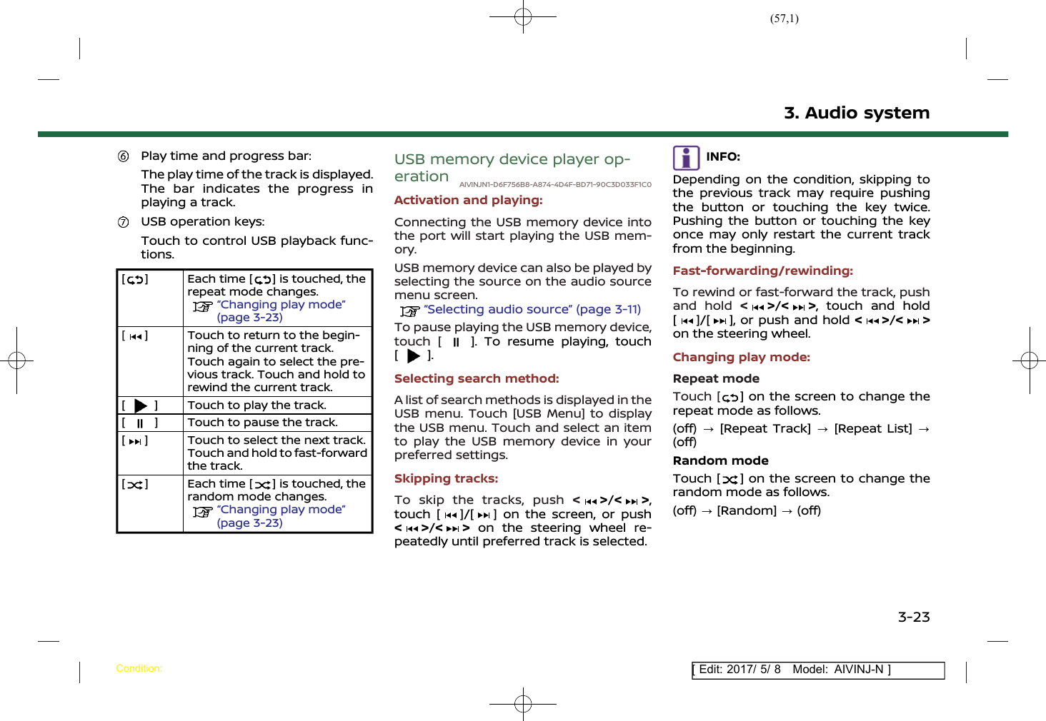 (57,1)[ Edit: 2017/ 5/ 8 Model: AIVINJ-N ]Play time and progress bar:The play time of the track is displayed.The bar indicates the progress inplaying a track.USB operation keys:Touch to control USB playback func-tions.[ ] Each time [ ] is touched, therepeat mode changes.“Changing play mode”(page 3-23)[] Touch to return to the begin-ning of the current track.Touch again to select the pre-vious track. Touch and hold torewind the current track.[] Touch to play the track.[] Touch to pause the track.[] Touch to select the next track.Touch and hold to fast-forwardthe track.[] Each time [ ] is touched, therandom mode changes.“Changing play mode”(page 3-23)USB memory device player op-eration AIVINJN1-D6F756B8-A874-4D4F-BD71-90C3D033F1C0Activation and playing:Connecting the USB memory device intothe port will start playing the USB mem-ory.USB memory device can also be played byselecting the source on the audio sourcemenu screen.“Selecting audio source” (page 3-11)To pause playing the USB memory device,touch [ ]. To resume playing, touch[].Selecting search method:A list of search methods is displayed in theUSB menu. Touch [USB Menu] to displaythe USB menu. Touch and select an itemto play the USB memory device in yourpreferred settings.Skipping tracks:To skip the tracks, push &lt;&gt;/&lt; &gt;,touch [ ]/[ ] on the screen, or push&lt;&gt;/&lt; &gt; on the steering wheel re-peatedly until preferred track is selected.INFO:Depending on the condition, skipping tothe previous track may require pushingthe button or touching the key twice.Pushing the button or touching the keyonce may only restart the current trackfrom the beginning.Fast-forwarding/rewinding:To rewind or fast-forward the track, pushand hold &lt;&gt;/&lt; &gt;, touch and hold[]/[ ], or push and hold &lt; &gt;/&lt; &gt;on the steering wheel.Changing play mode:Repeat modeTouch [ ] on the screen to change therepeat mode as follows.(off) ?[Repeat Track] ?[Repeat List] ?(off)Random modeTouch [ ] on the screen to change therandom mode as follows.(off) ?[Random] ?(off)3. Audio systemCondition:3-23