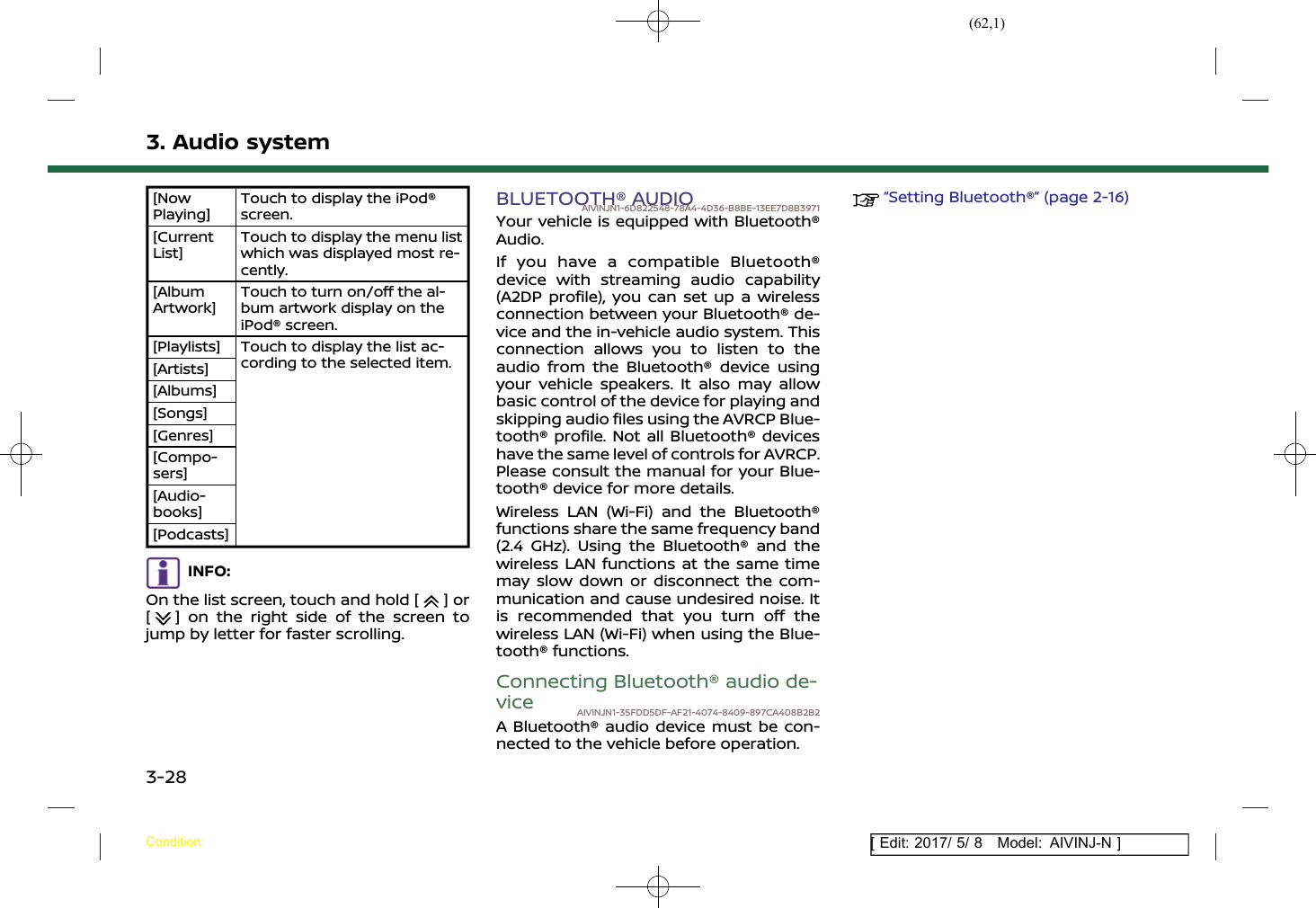 (62,1)[ Edit: 2017/ 5/ 8 Model: AIVINJ-N ]3. Audio system[NowPlaying]Touch to display the iPod®screen.[CurrentList]Touch to display the menu listwhich was displayed most re-cently.[AlbumArtwork]Touch to turn on/off the al-bum artwork display on theiPod® screen.[Playlists] Touch to display the list ac-cording to the selected item.[Artists][Albums][Songs][Genres][Compo-sers][Audio-books][Podcasts]INFO:On the list screen, touch and hold [ ] or[] on the right side of the screen tojump by letter for faster scrolling.BLUETOOTH® AUDIOAIVINJN1-6D822548-78A4-4D36-B8BE-13EE7D8B3971Your vehicle is equipped with Bluetooth®Audio.If you have a compatible Bluetooth®device with streaming audio capability(A2DP profile), you can set up a wirelessconnection between your Bluetooth® de-vice and the in-vehicle audio system. Thisconnection allows you to listen to theaudio from the Bluetooth® device usingyour vehicle speakers. It also may allowbasic control of the device for playing andskipping audio files using the AVRCP Blue-tooth® profile. Not all Bluetooth® deviceshave the same level of controls for AVRCP.Please consult the manual for your Blue-tooth® device for more details.Wireless LAN (Wi-Fi) and the Bluetooth®functions share the same frequency band(2.4 GHz). Using the Bluetooth® and thewireless LAN functions at the same timemay slow down or disconnect the com-munication and cause undesired noise. Itis recommended that you turn off thewireless LAN (Wi-Fi) when using the Blue-tooth® functions.Connecting Bluetooth® audio de-vice AIVINJN1-35FDD5DF-AF21-4074-8409-897CA408B2B2A Bluetooth® audio device must be con-nected to the vehicle before operation.“Setting Bluetooth®” (page 2-16)Condition:3-28