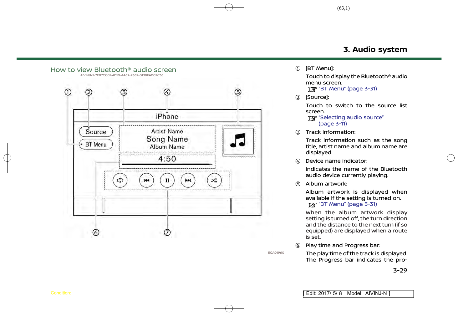 (63,1)[ Edit: 2017/ 5/ 8 Model: AIVINJ-N ]How to view Bluetooth® audio screenAIVINJN1-7EB7CC01-4D10-4A62-9367-0139FAD07C365GA0196X[BT Menu]:Touch to display the Bluetooth® audiomenu screen.“BT Menu” (page 3-31)[Source]:Touch to switch to the source listscreen.“Selecting audio source”(page 3-11)Track information:Track information such as the songtitle, artist name and album name aredisplayed.Device name indicator:Indicates the name of the Bluetoothaudio device currently playing.Album artwork:Album artwork is displayed whenavailable if the setting is turned on.“BT Menu” (page 3-31)When the album artwork displaysetting is turned off, the turn directionand the distance to the next turn (if soequipped) are displayed when a routeis set.Play time and Progress bar:The play time of the track is displayed.The Progress bar indicates the pro-3. Audio systemCondition:3-29